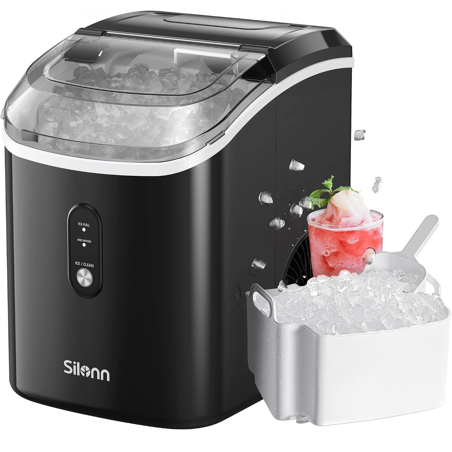 Silonn Nugget Ice Maker Countertop, Black — Chewable Pellet Ice, Self-Cleaning, 36 lb/24H