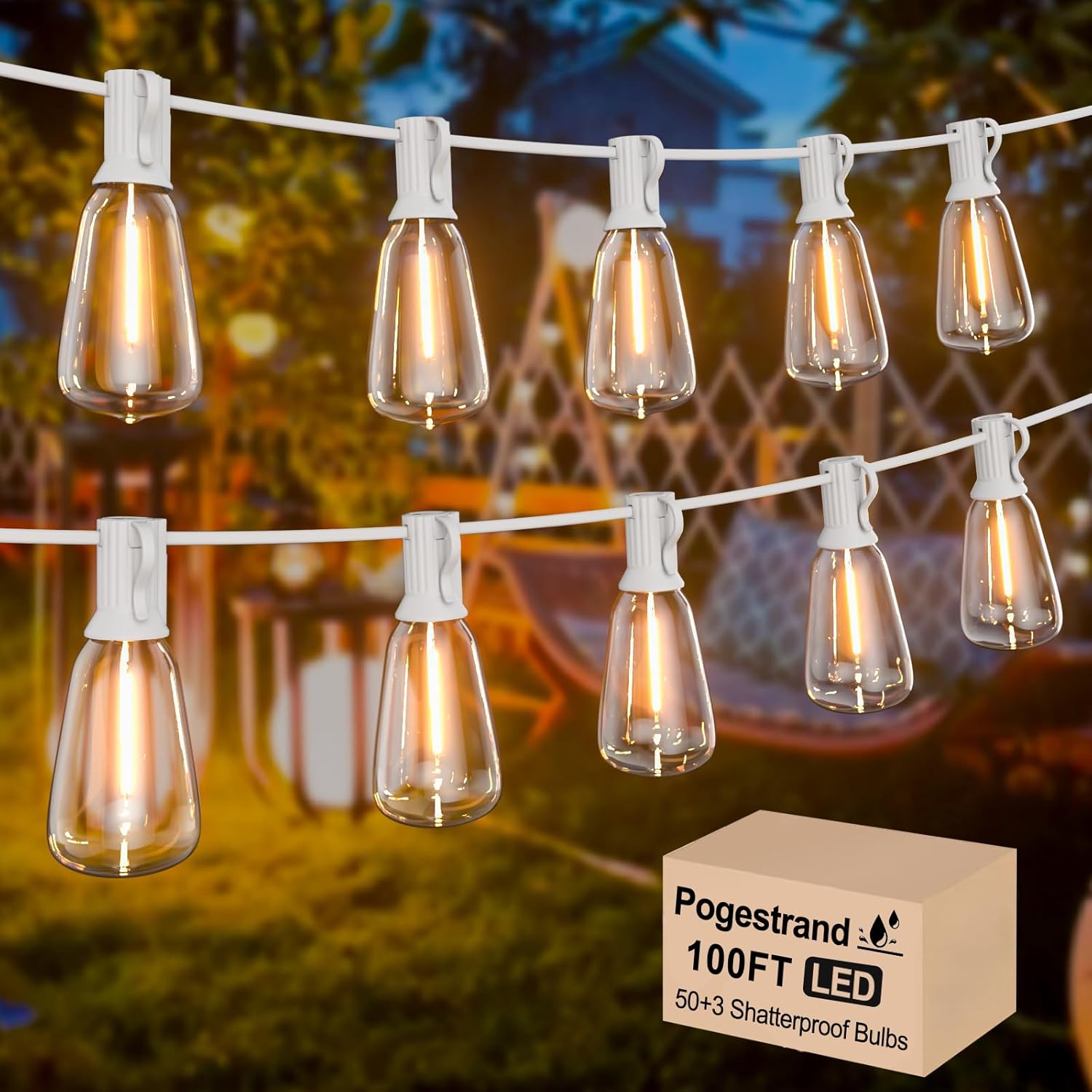 100FT ST38 Outdoor String Lights with 50 1W Plastic Shatterproof Bulbs