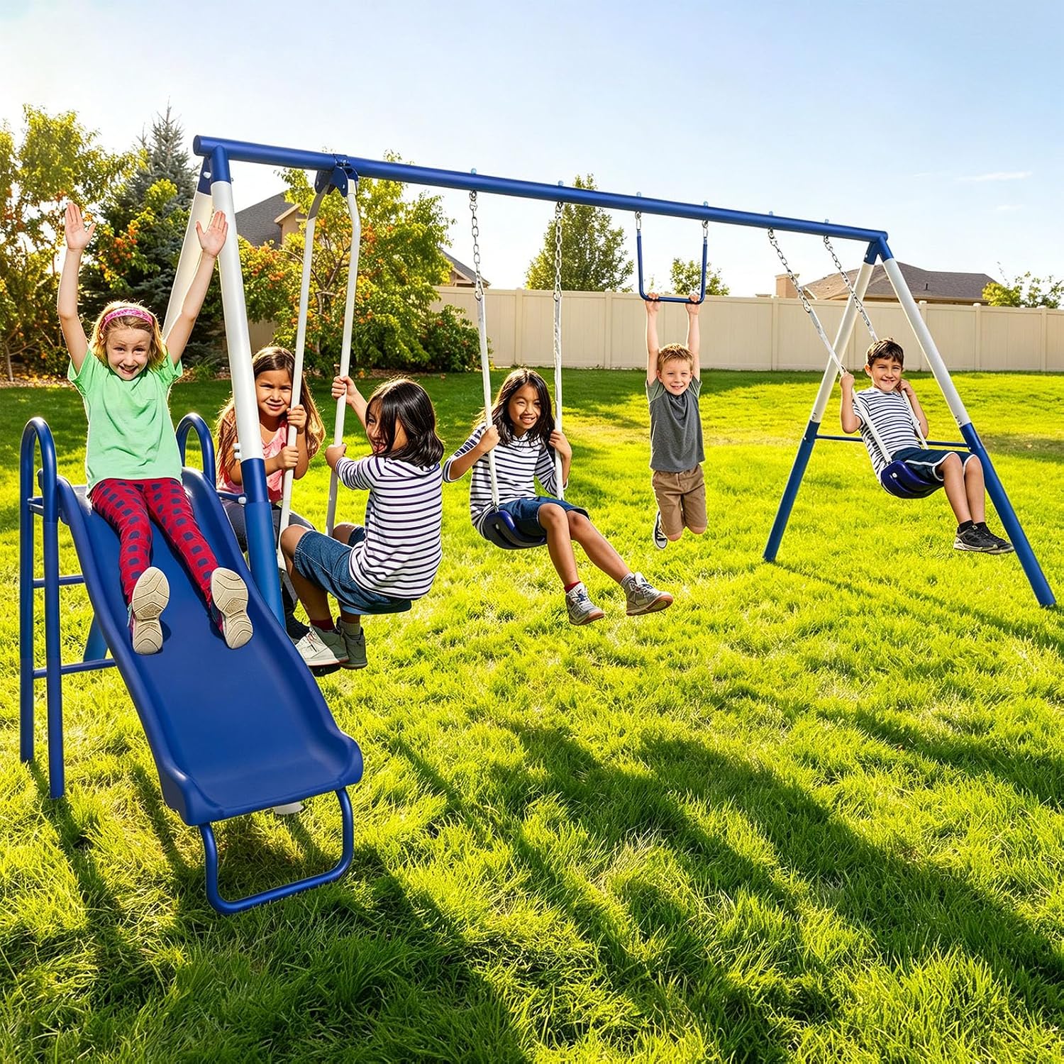 Sportspower Arcadia Metal Swing Set for Kids with Trapeze, 2-Person Glider, 5 ft Slide, Anchor Kit, 6.1 ft Steel Frame, 600 lb Capacity