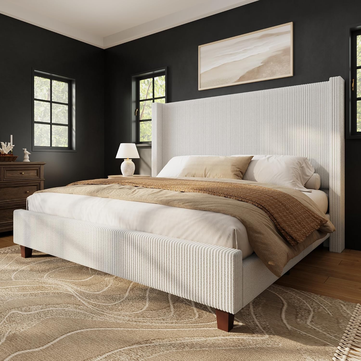 HOWE Queen Size Upholstered Platform Bed Frame with 50.8-Inch Corduroy Wingback Headboard, Cream