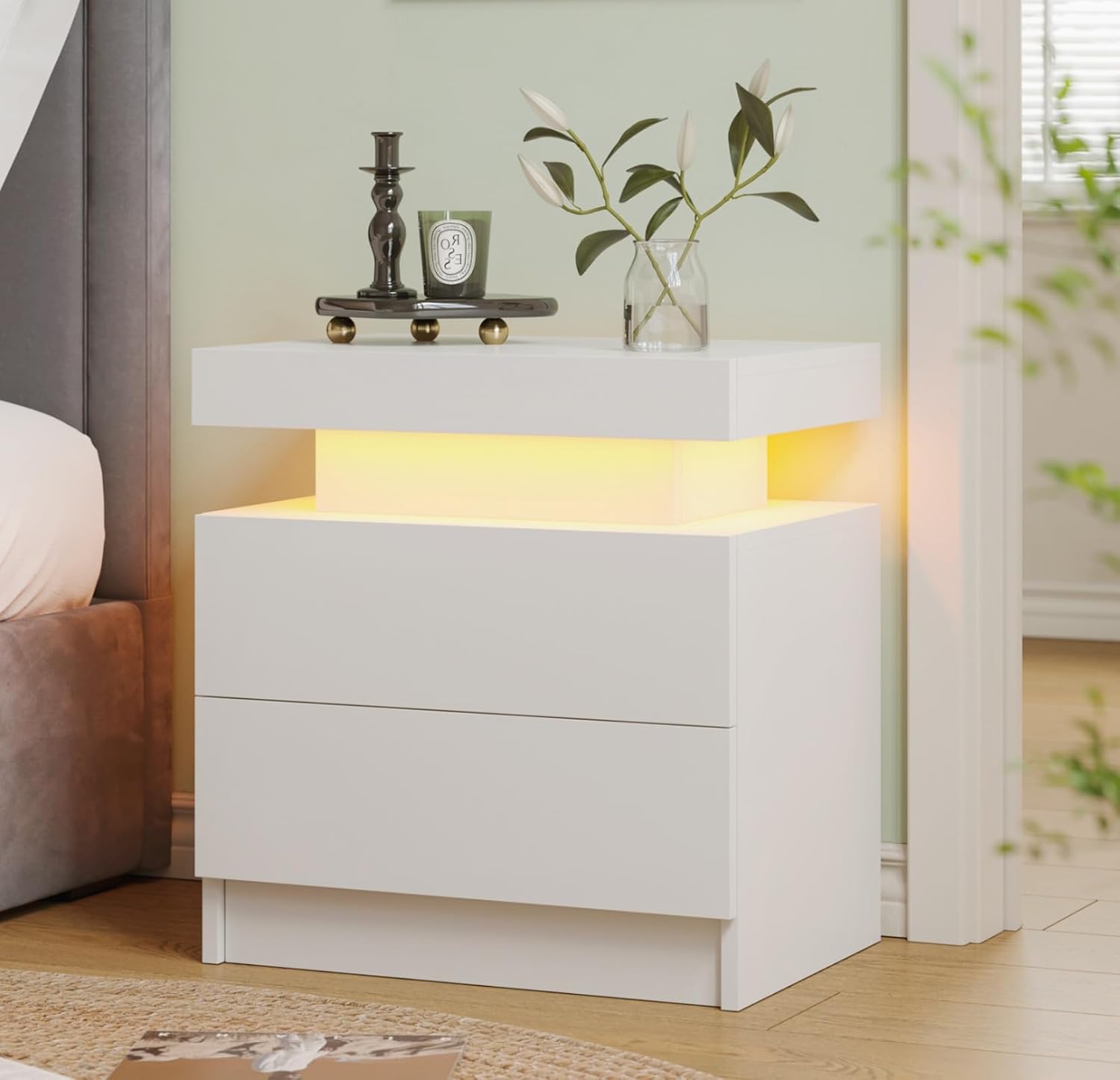 Cubehom White Nightstand LED Bedside Table with 2 Wood Drawers