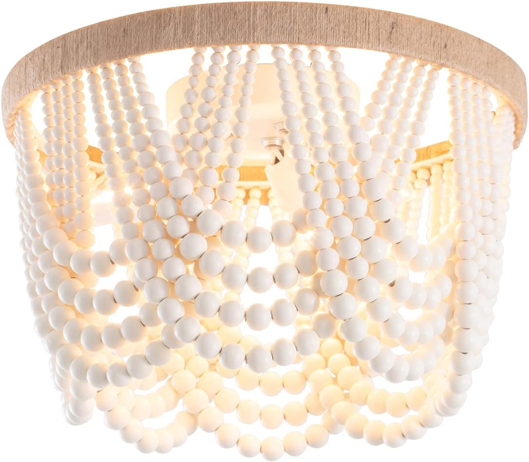 Baby Bedroom Wood Beaded Flush Mount Ceiling Light, Antique Rustic White Finish, Mini Chandelier, 3-Light