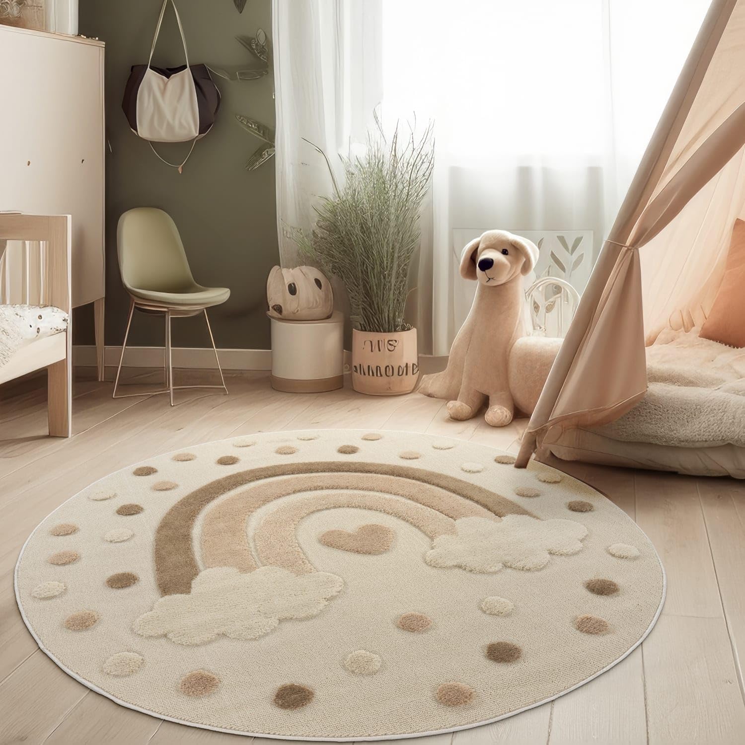 Baby Room Rug, Cream Beige, Carved Rainbow Motif and Dots, 4' Round