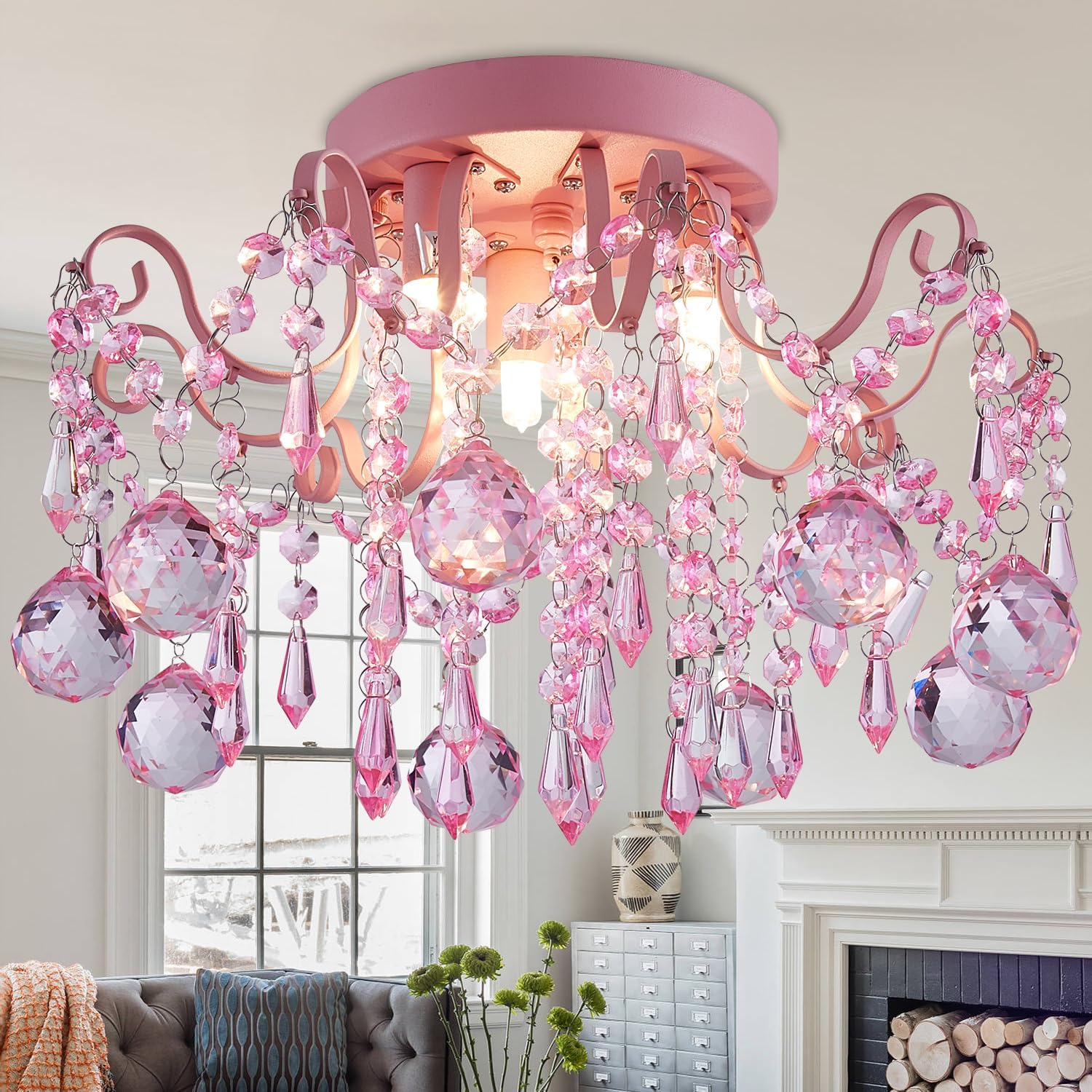 Girls Bedroom Small Crystal Chandelier Ceiling Light, 3-Light Fixture, Modern Chrome Iron, Pink