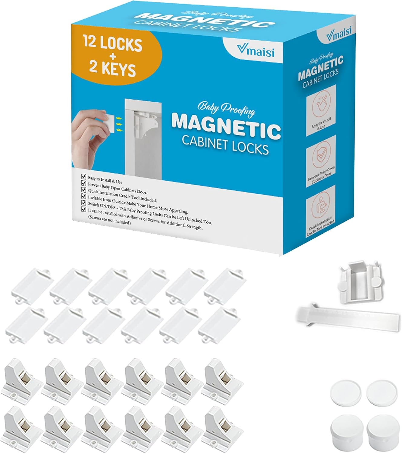 VMAISI 12-Pack Magnetic Cabinet Locks for Child Safety, Adhesive No-Drill Drawer and Cupboard Latches