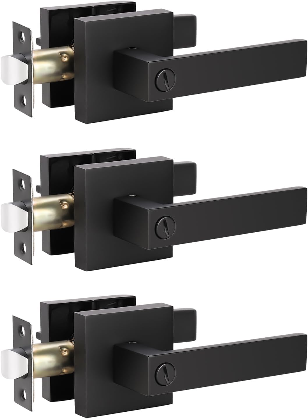 KNOBWELL 3-Pack Matte Black Interior Door Handles, Square Privacy Lever, Left or Right Handing