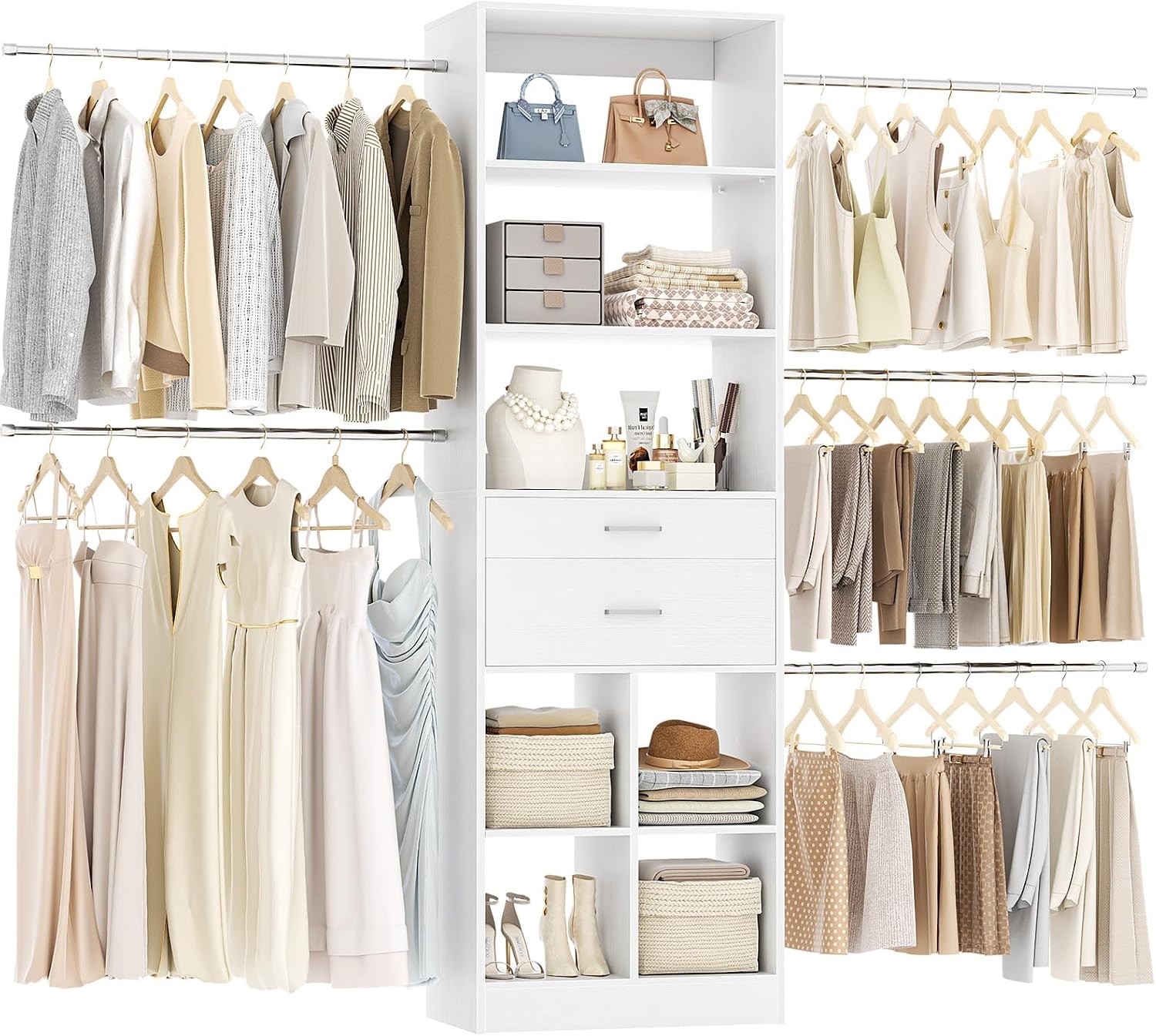 Besiost White Closet System, 4–8 ft, with 2 Wooden Drawers and 5 Hanging Rods