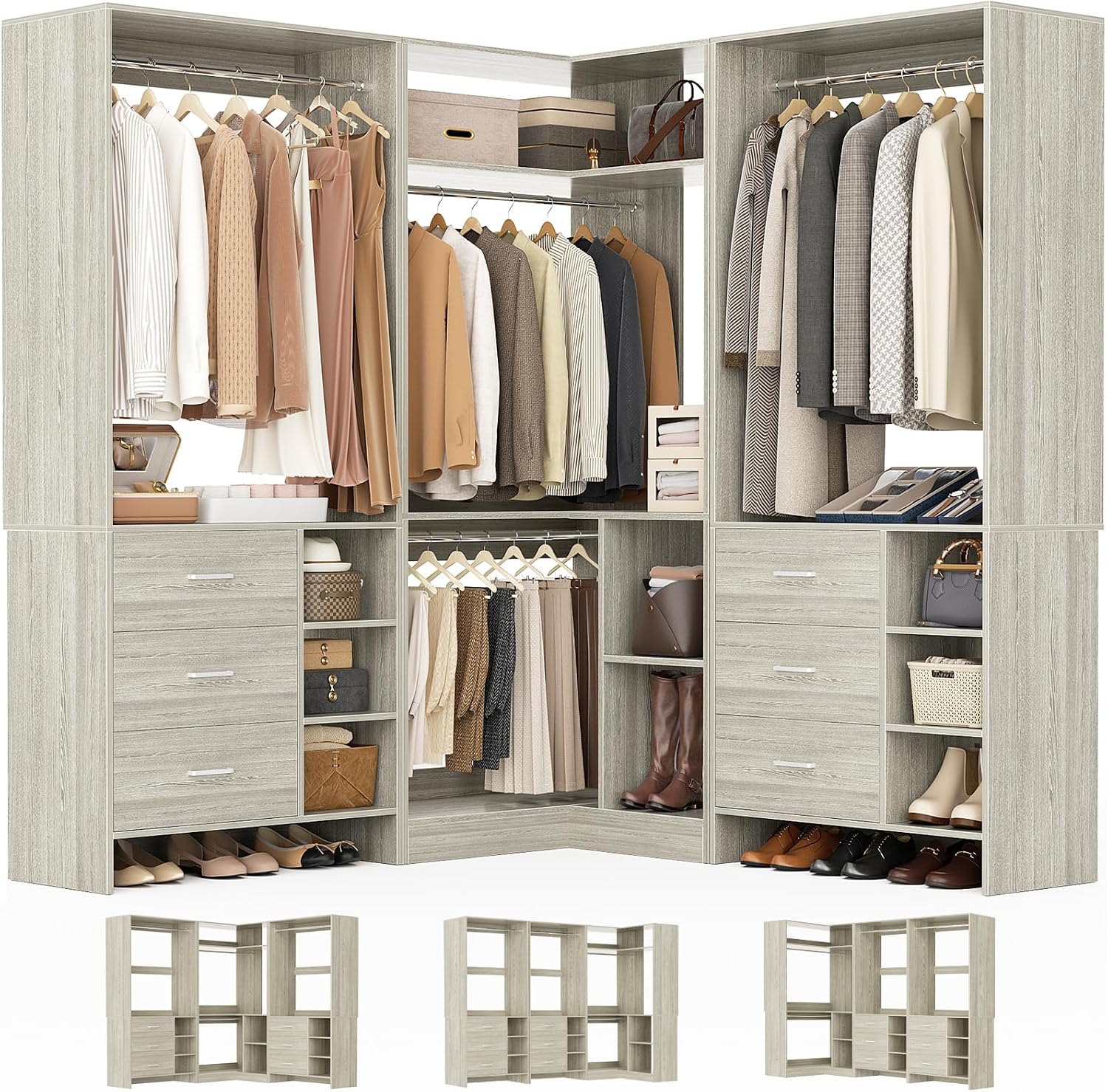 Aheaplus L-Shaped Closet System with 6 Drawers, 4 Hanging Rods, Corner Tower, Set of 3, White Oak