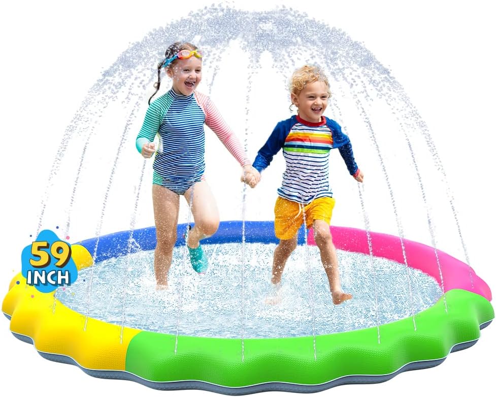 VISTOP Non-Slip Splash Pad for Kids and Dogs, 59-Inch Red, Yellow, Green & Blue Sprinkler Pool