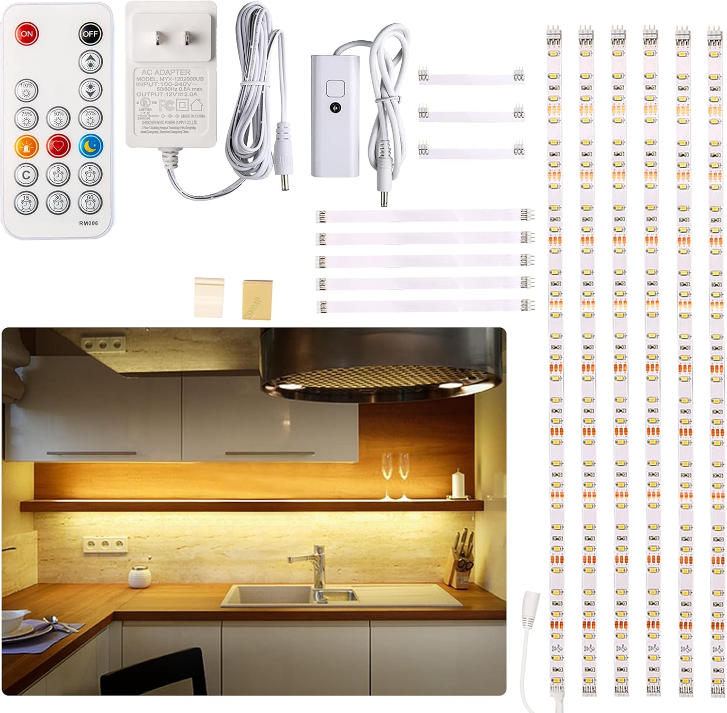WOBANE Under Cabinet LED Lighting Kit, Dimmable Strip Lights with RF Remote, 6PCS 20-Inch, 24W Adapter, Hidden 2700K Warm White, 1500lm