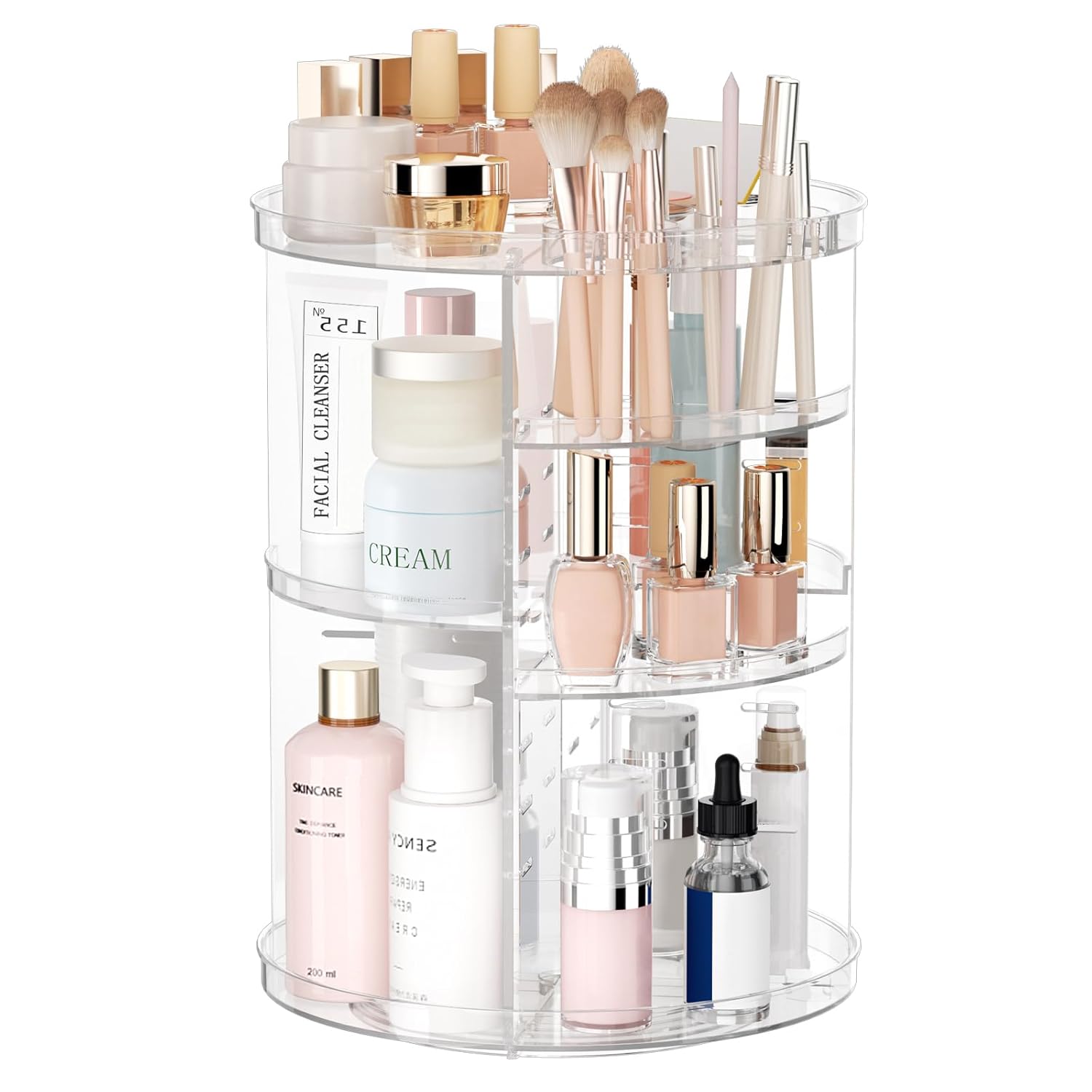 Rotating Makeup Organizer with 8 Adjustable Layers, Brush Holder and Perfume Tray — Clear