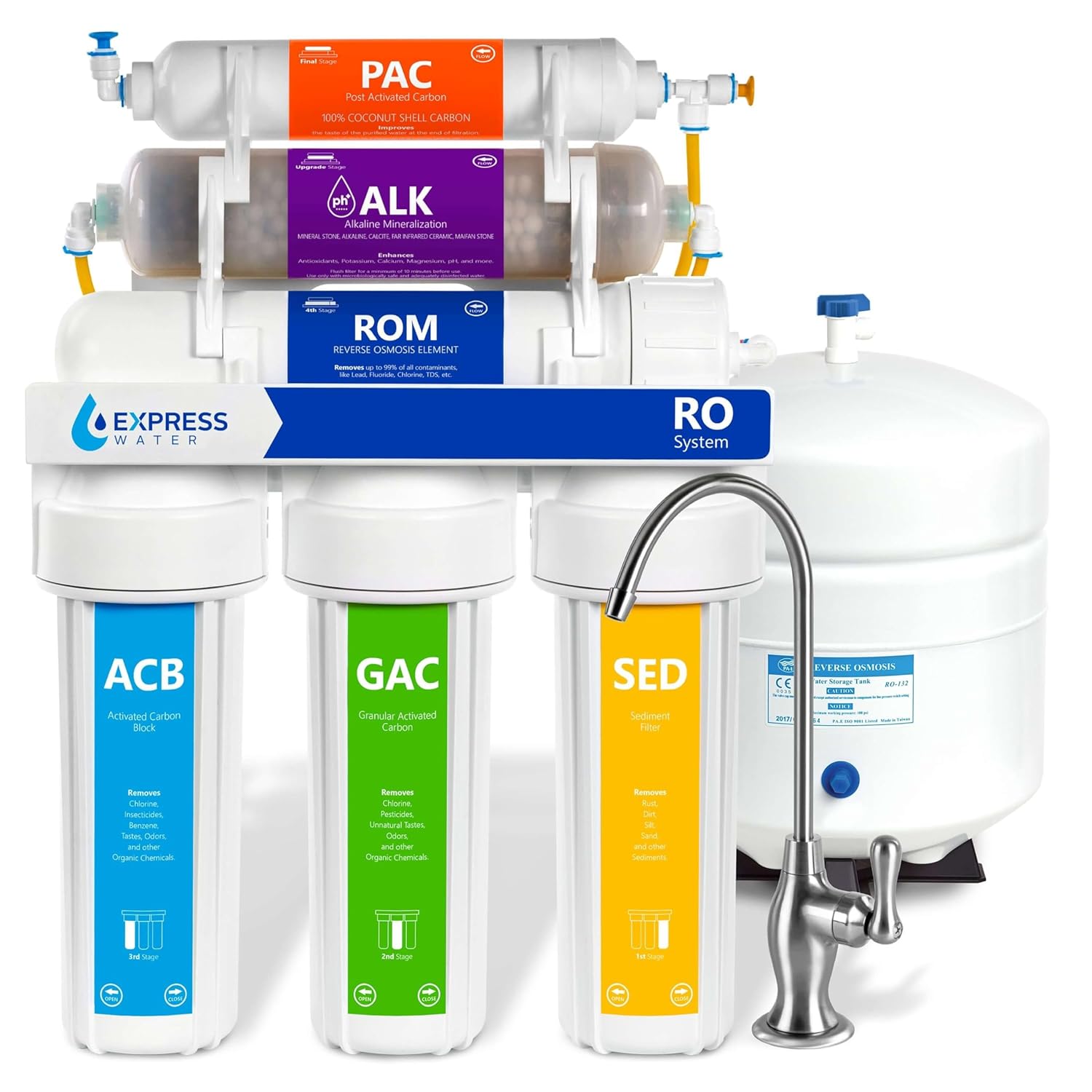 Express Water ROALK5D 10-Stage Under-Sink Alkaline RO System, 50 GPD, NSF Certified 372, Chrome Faucet
