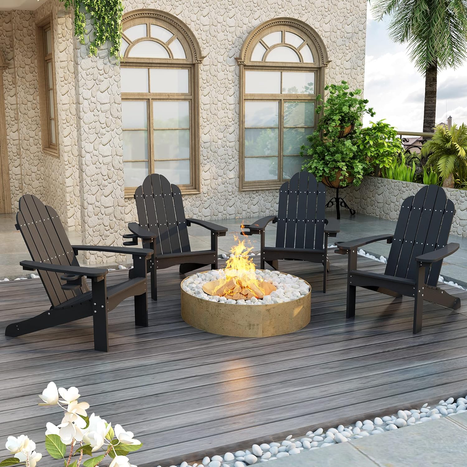 Outdoor Chair with Cup Holder, Set of 4, Black
