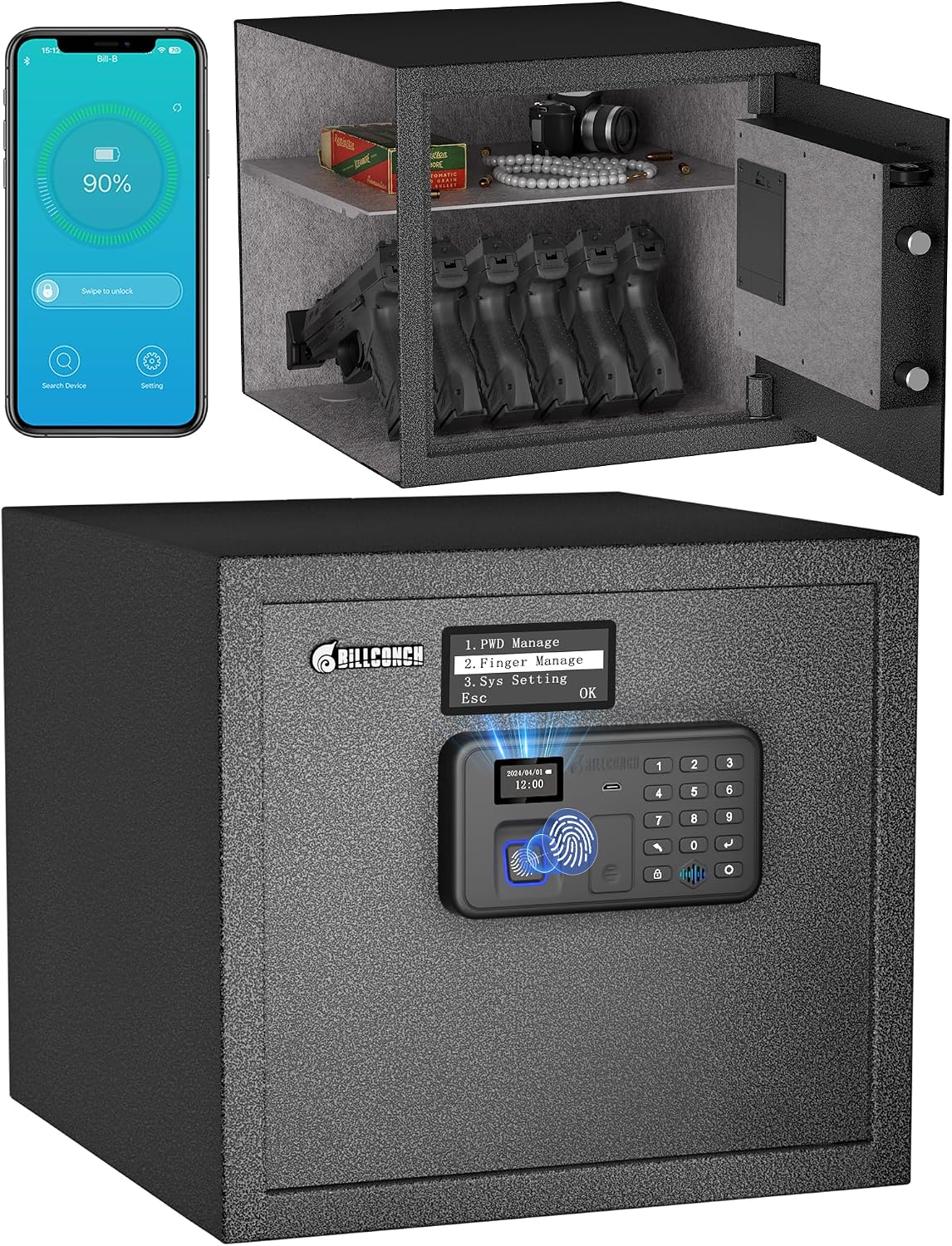 BILLCONCH Biometric Gun Safe for Multiple Handguns, 0.9 Cu Ft Lock Box with Fingerprint, Keypad, App or Key Access