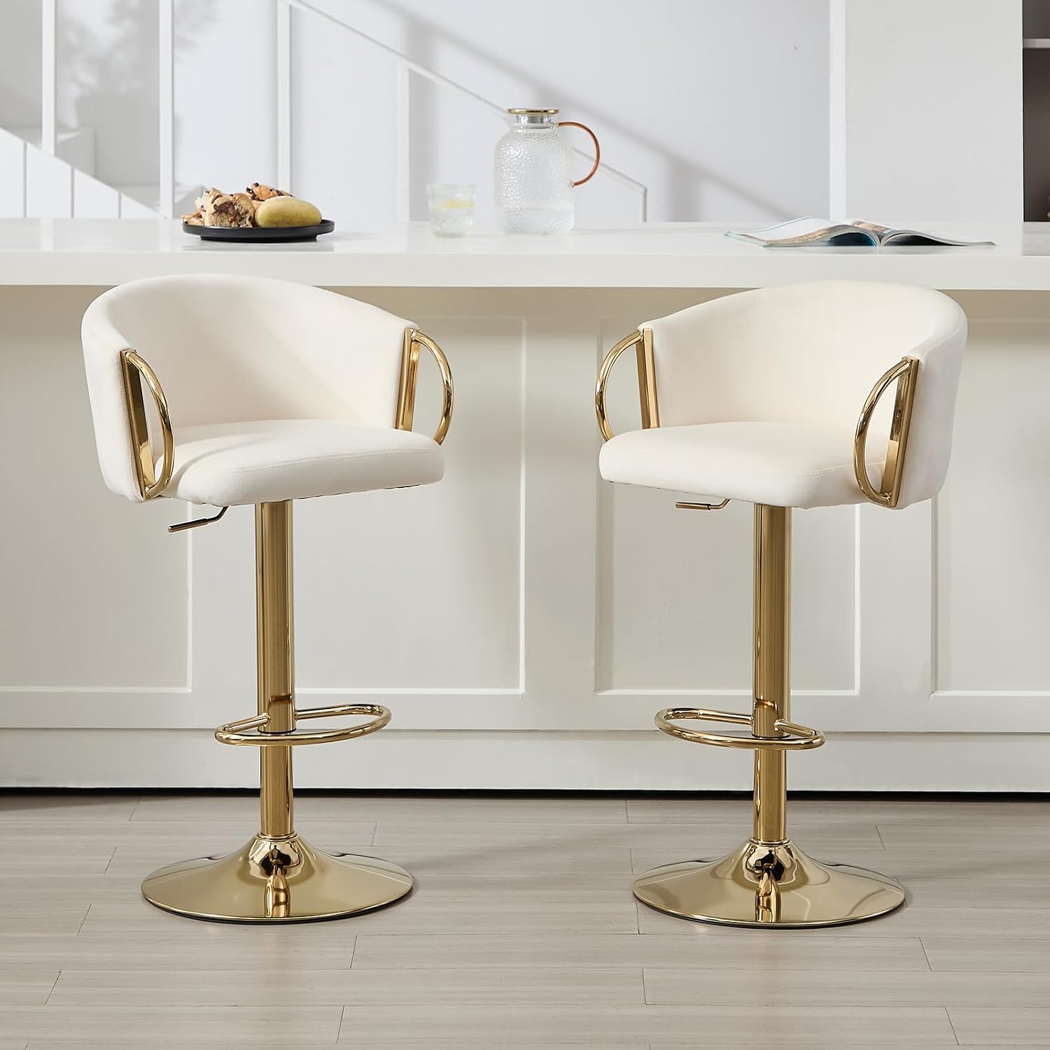 Velvet Bar Stools Set of 2, Adjustable 360° Swivel, Cream with Gold Finish