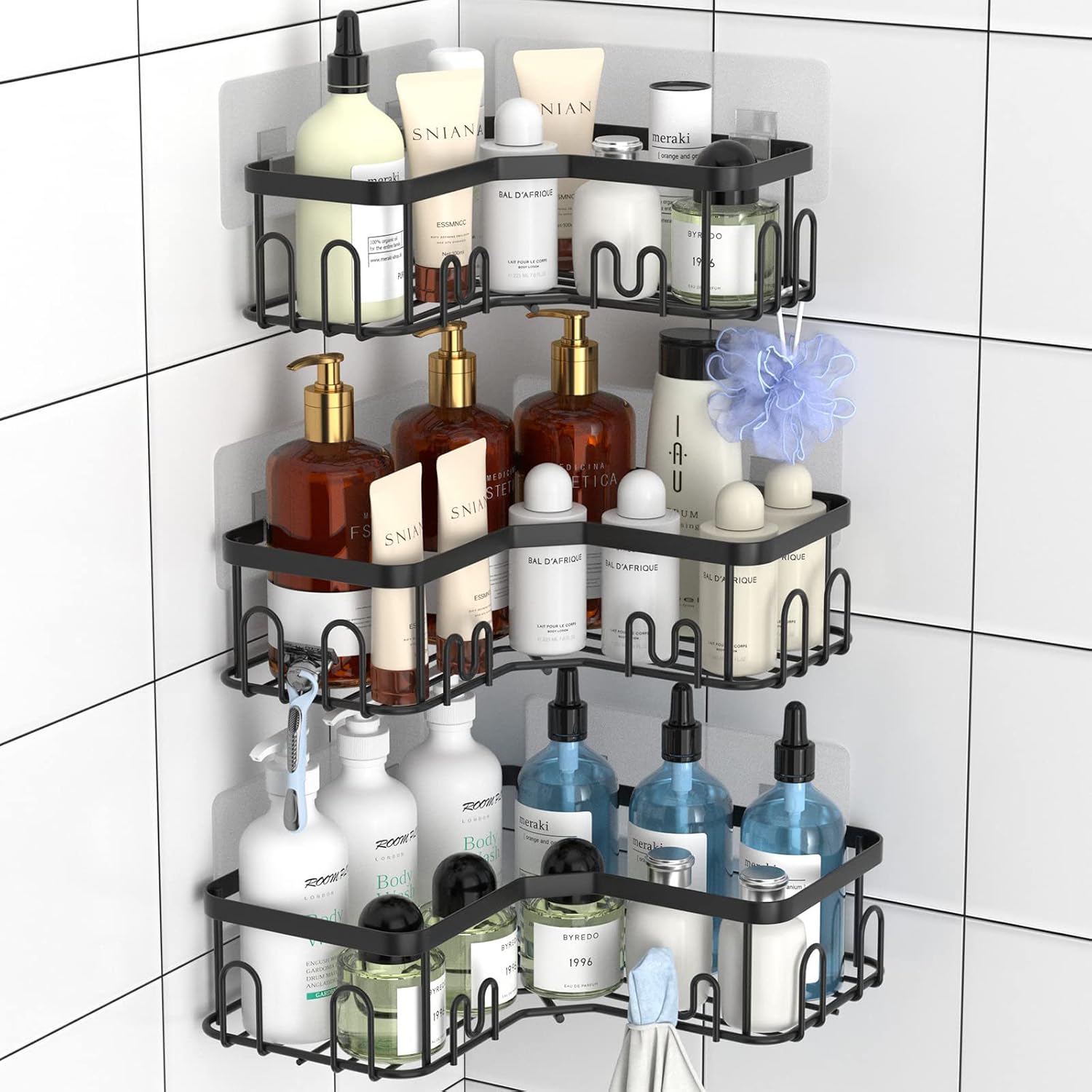 Menbyci 3-Pack Corner Shower Caddy with 18 Hooks, Adhesive, Black