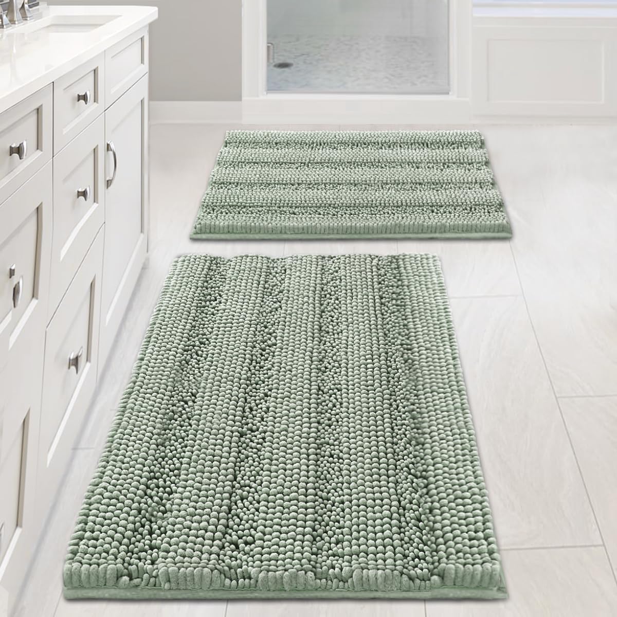 H.VERSAILTEX Sage Bathroom Rugs, Set of 2 — Extra Thick Chenille Striped Pattern, Non-Skid, 32 x 20 and 24 x 17 Inches