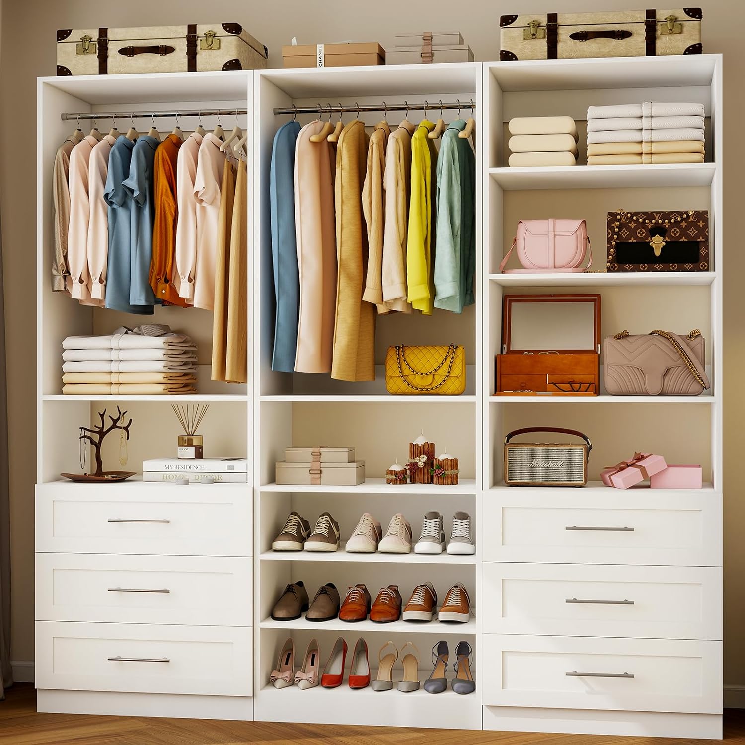 White Walk-In Modular Closet System, 3 Sets, 6–15 FT, 6 Drawers, 9 Shelves & 5 Rods