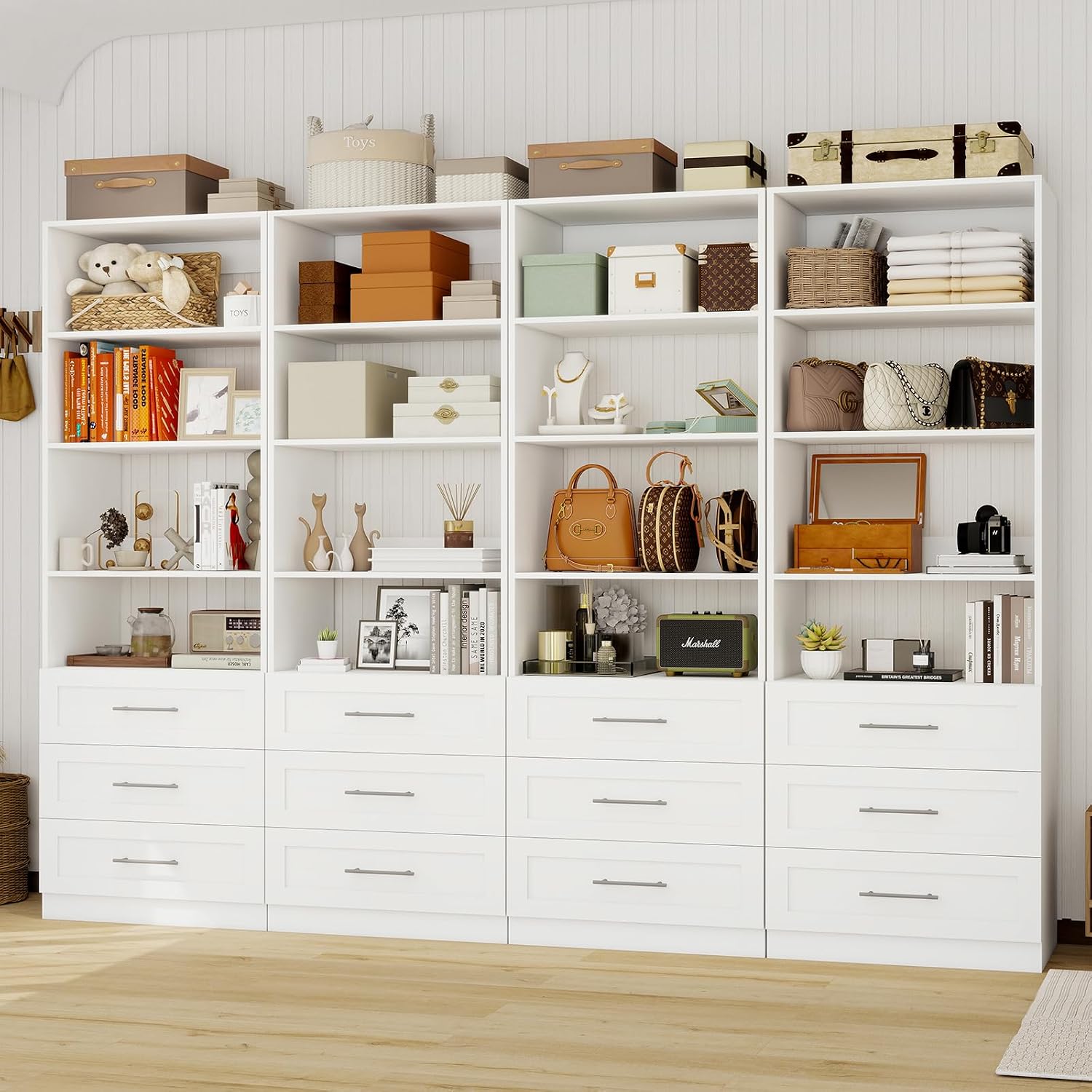 8FT White Closet System with 12 Drawers, 16 Shelves & 4 Hanging Rods