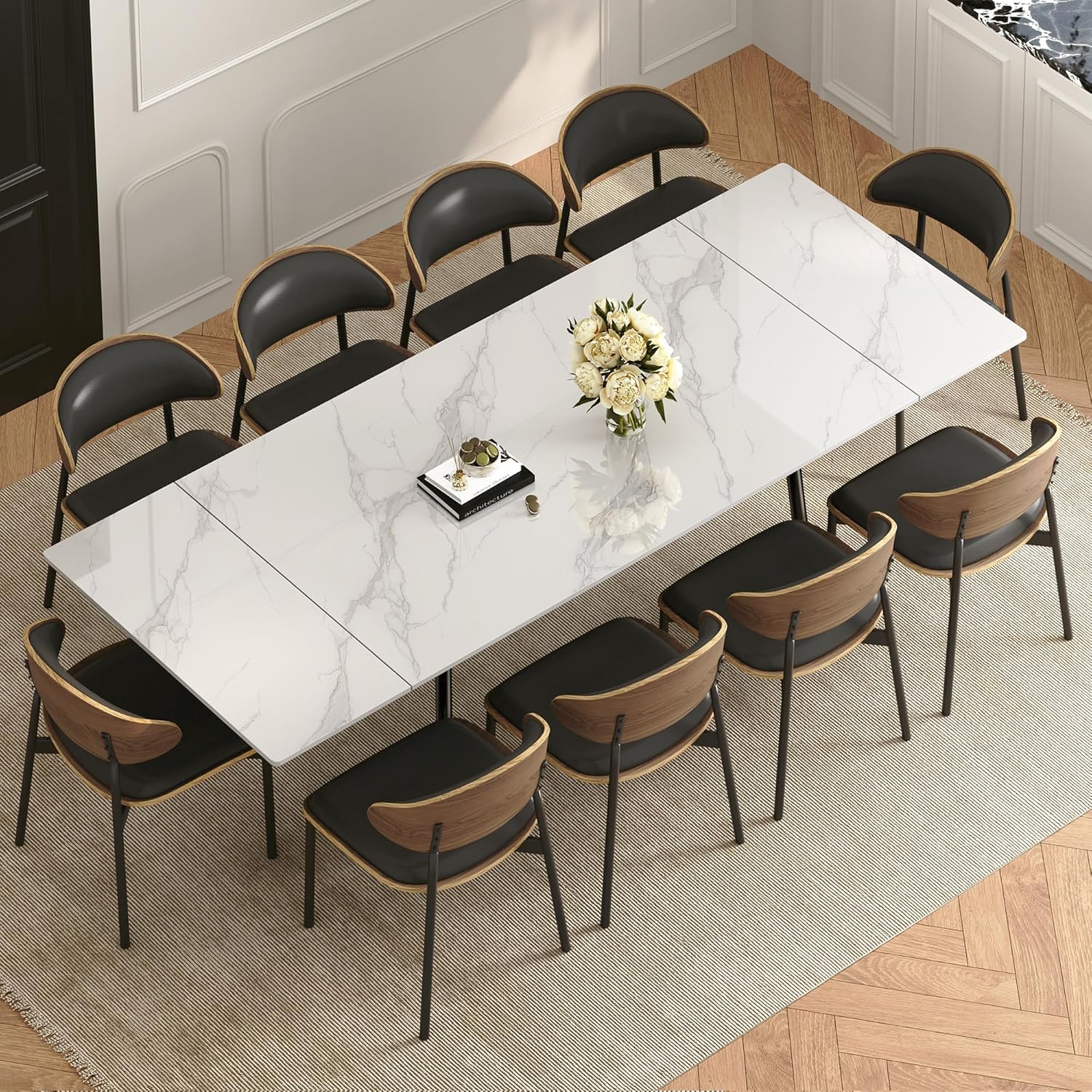 62.9–94.4 in Extendable Dining Table, White Sintered Stone Top, Seats 6–10