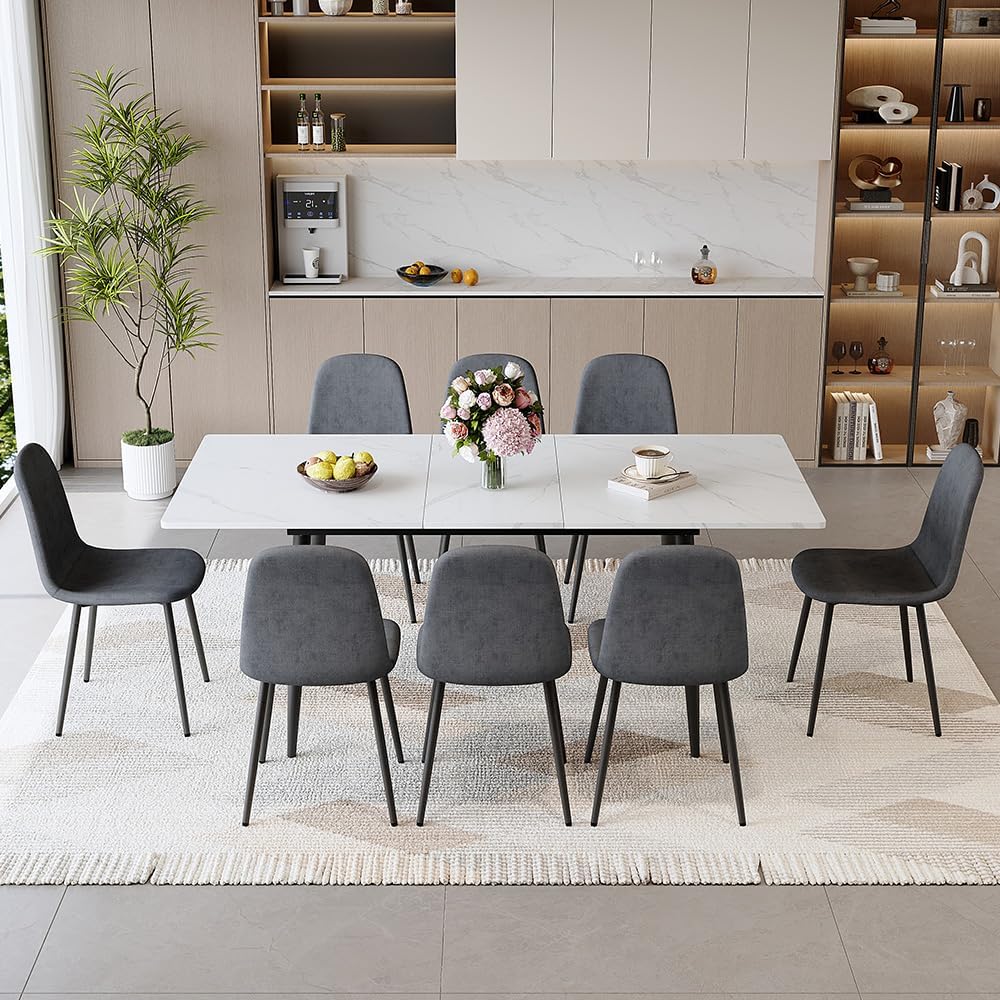 FURNITO Dining Table Set for 8, 59"–75" Extendable, White Table with 8 Upholstered Chairs