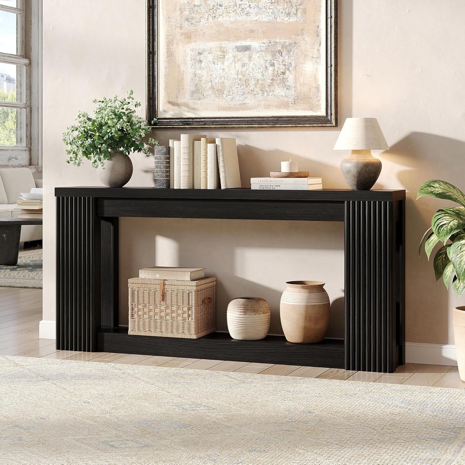 Maupvit 71-Inch Fluted Wooden Console Table with 2 Storage, Black