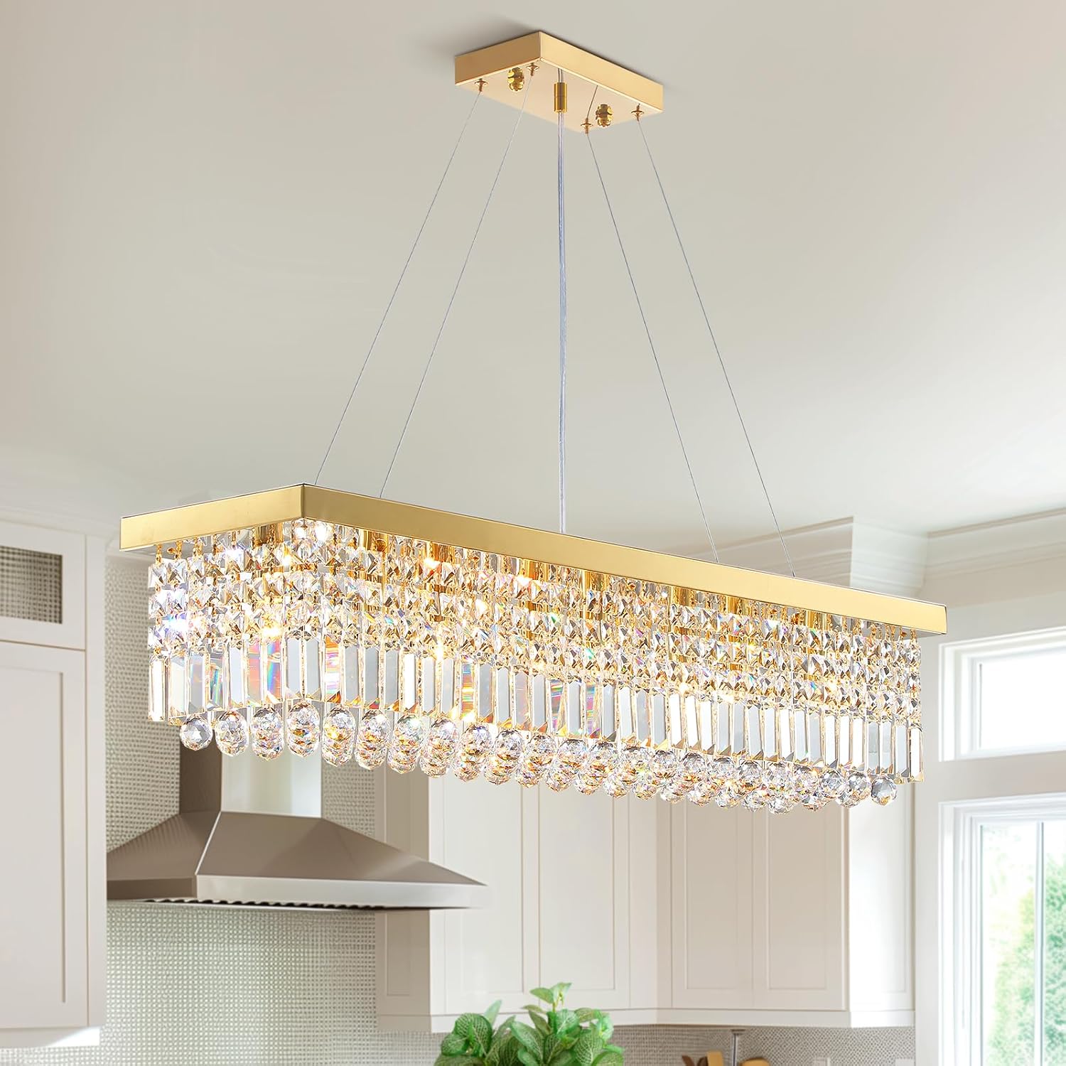 Siljoy Modern Gold Rectangular Crystal Raindrop Chandelier, 40-Inch, 8-Light Dimmable Ceiling Light