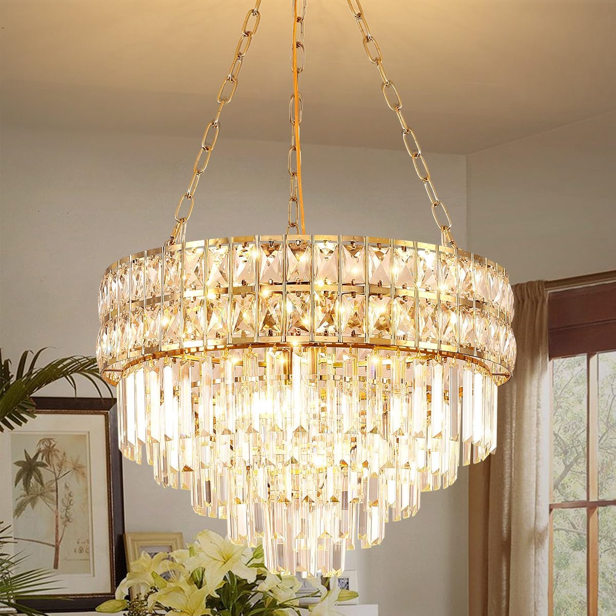 AOOCHOK Modern Crystal Chandelier, Gold Finish, Round V-Shape, E12 x 11, Ø21.5 in