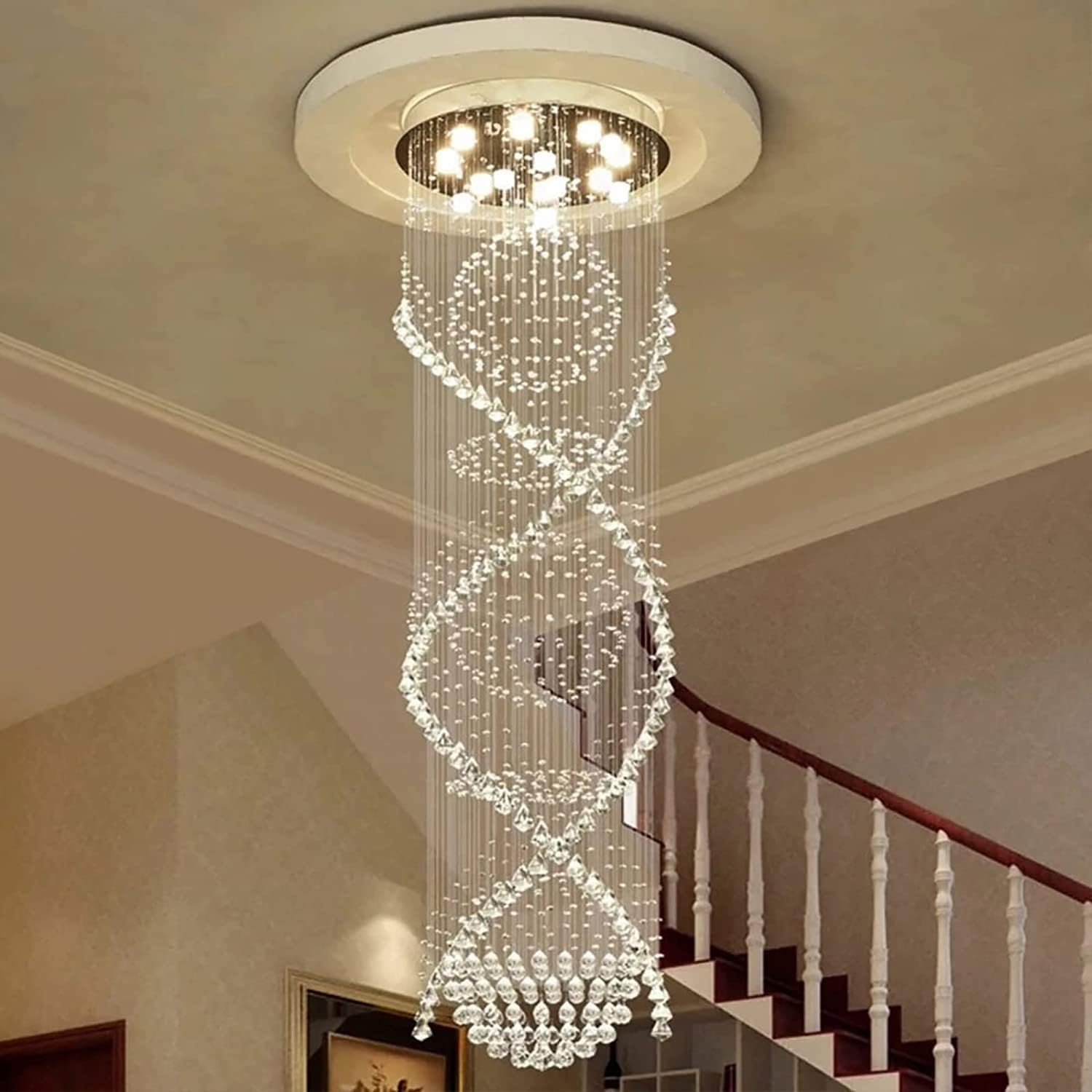 7PM Crystal Foyer Chandelier for Staircase, Modern Raindrop Flush-Mount Ceiling Light, W25.6 × H98.4 in
