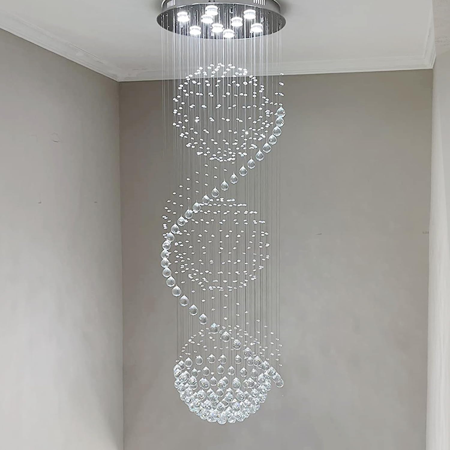 Sefinn Four Modern Crystal Chandelier Spiral Sphere Design, 9-Light, 79-Inch Height, 24-Inch Flush-Mount Diameter