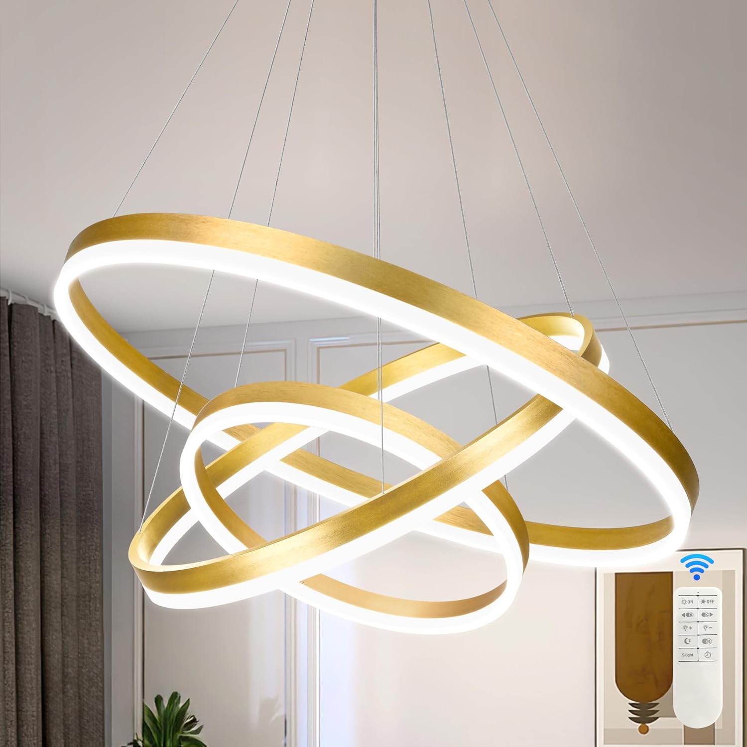Mccokaige 31.5-Inch Gold 3-Ring LED Pendant Light with Dimmable, Adjustable Color Temperature and Height
