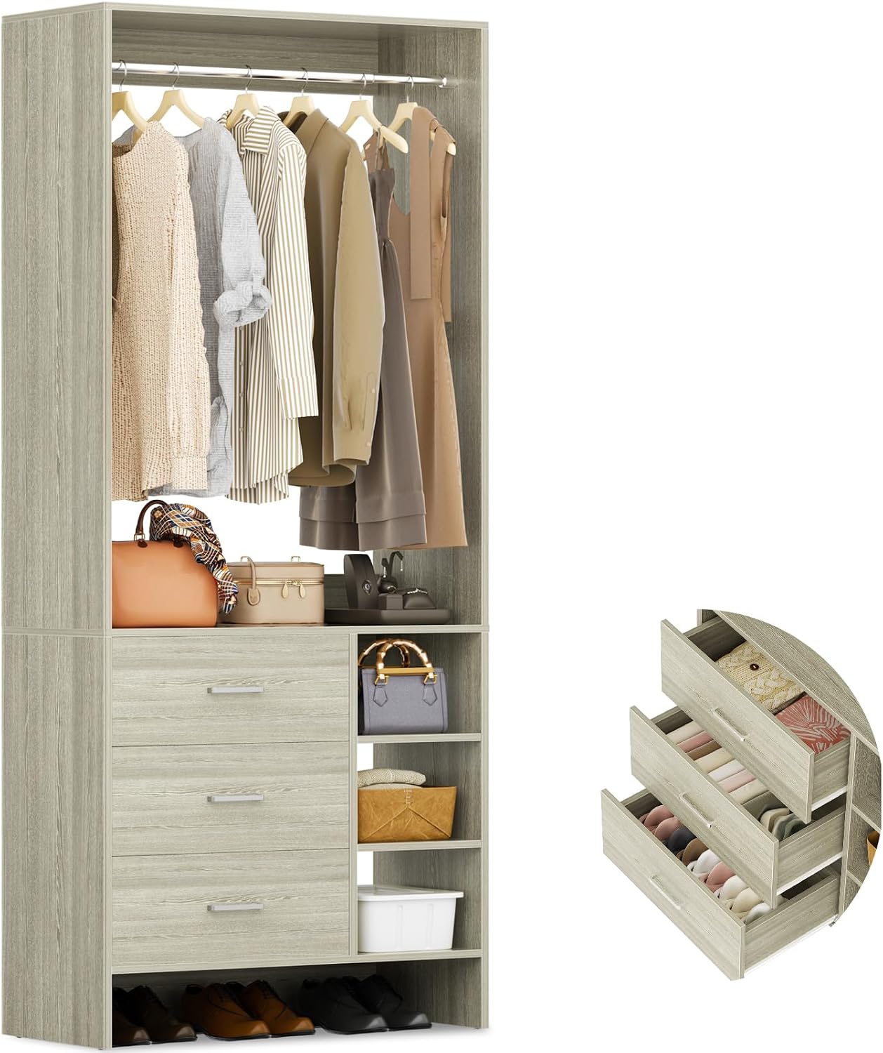 Aheaplus 2.5FT Closet System with 3 Drawers, White Oak - E6