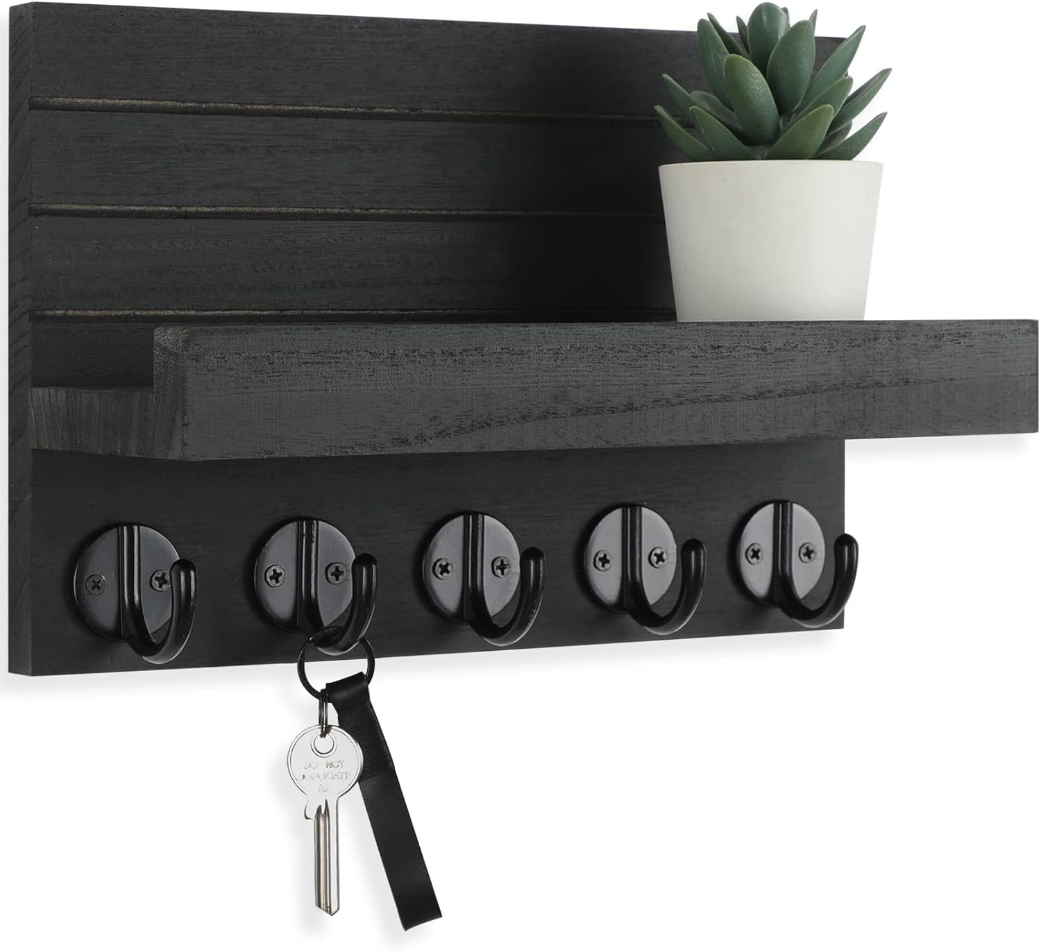Wall-Mounted Key and Mail Holder with Shelf, Large Hooks, Paulownia Wood, 9.8"W x 6.7"H x 4.2"D