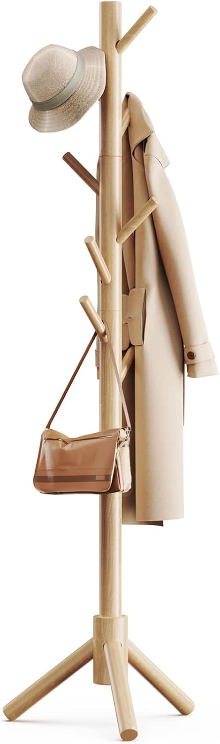 Pipishell Natural Solid Wooden Freestanding Coat Rack with 8 Hooks