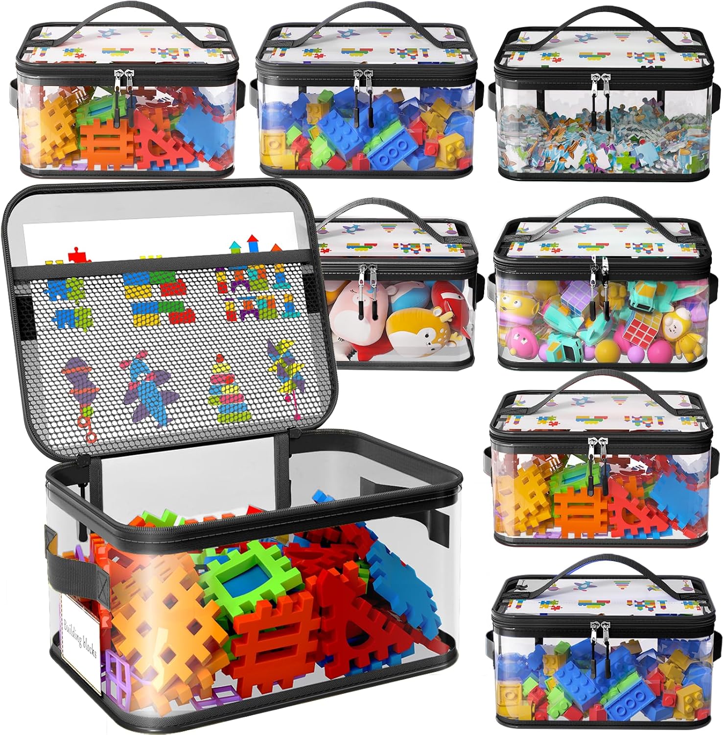 8-Pack Large Clear Toy Storage Bags with Labels, Handles, Zippers, Black