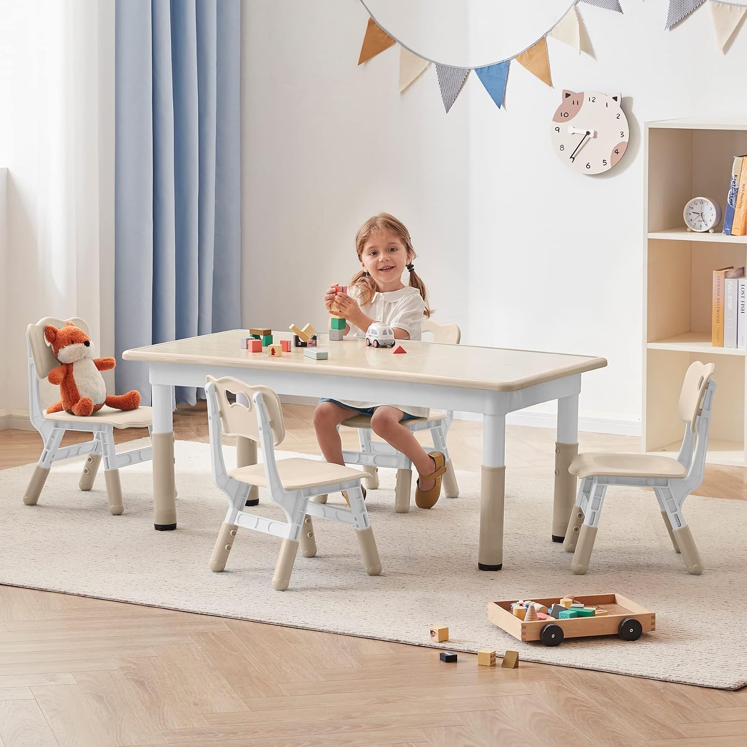Adjustable Kids Table and 4 Chairs Set, Natural, 47.2 x 23.6 in