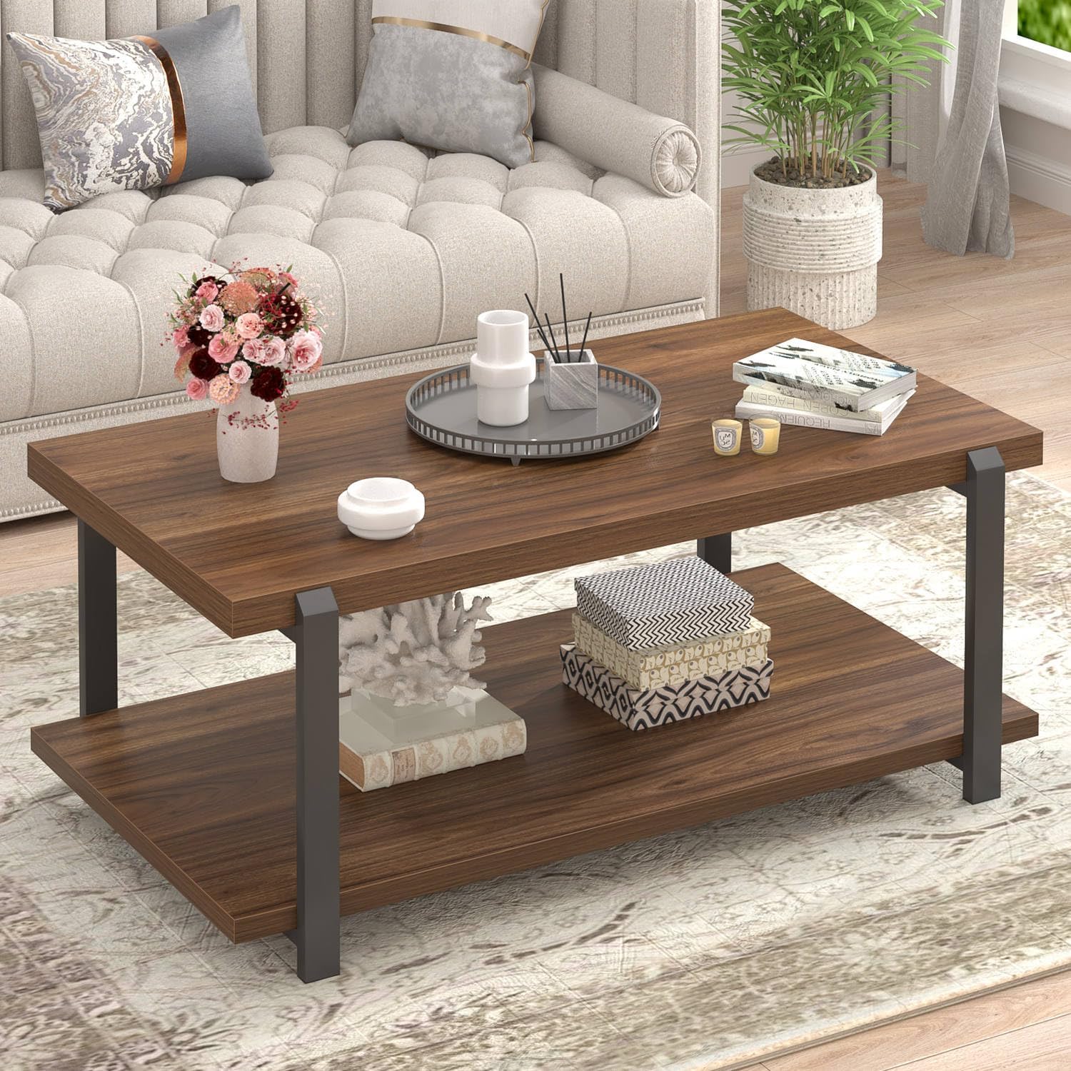 Modern Walnut Coffee Table with Storage Shelf