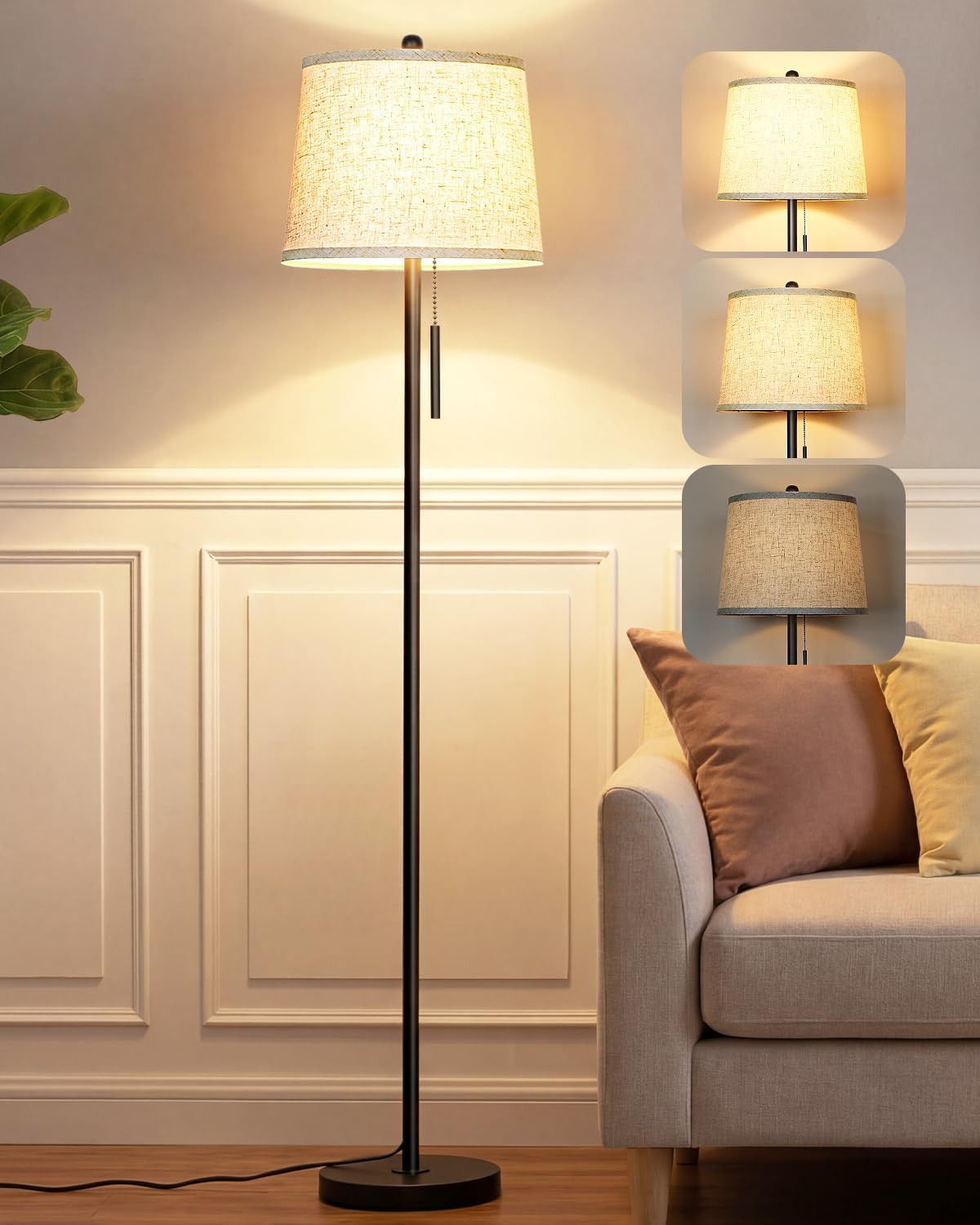 JUNNAI Modern Black 63-Inch Floor Lamp with Beige Linen Shade, 3-Way Dimmable, 8W 3000K LED Bulb Included