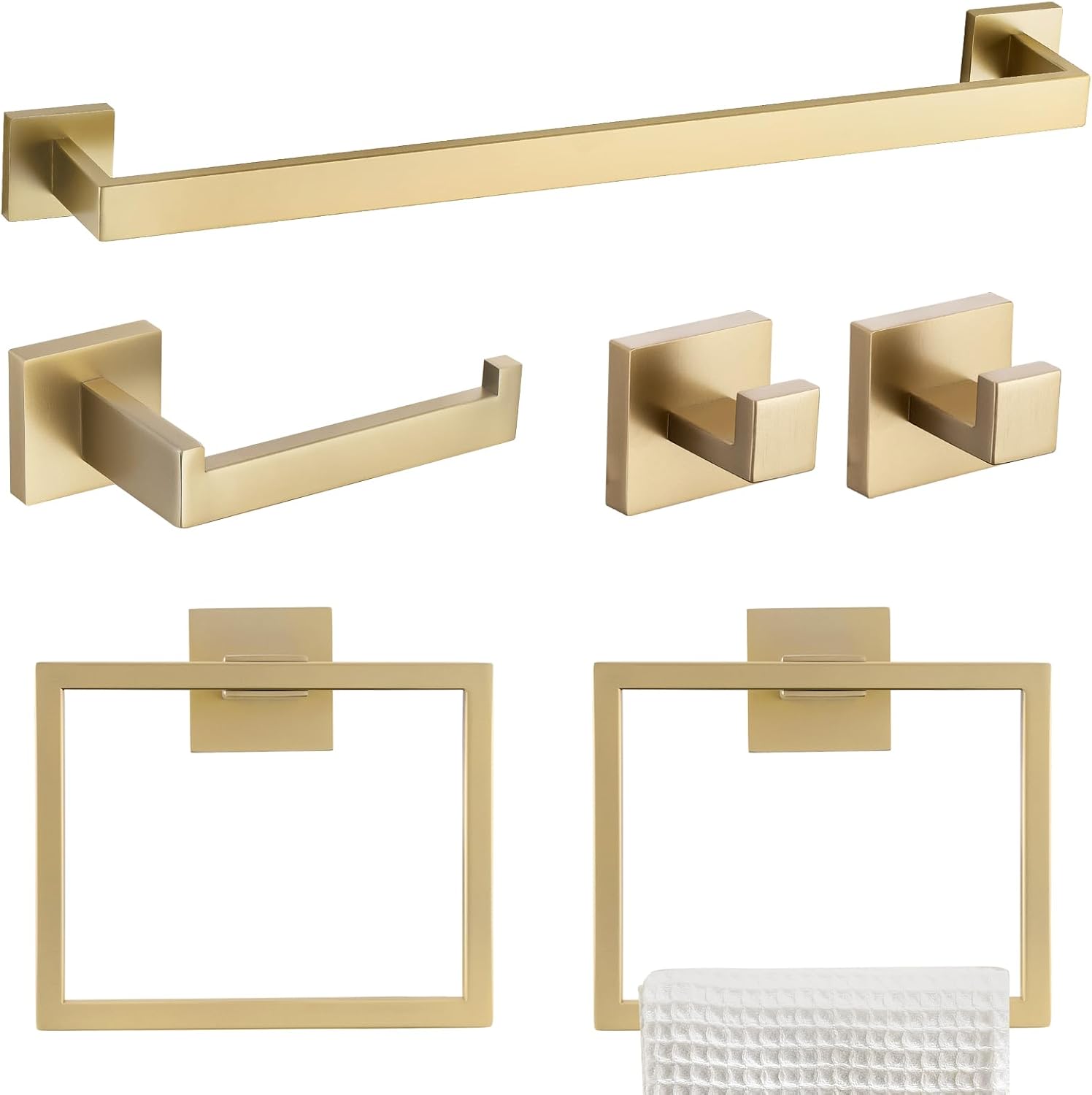 TQKAG 6-Piece Bathroom Hardware Set, Brushed Gold, 23.6-Inch Towel Bar, Towel Ring, Coat Hook and Toilet Paper Holder, Wall-Mounted