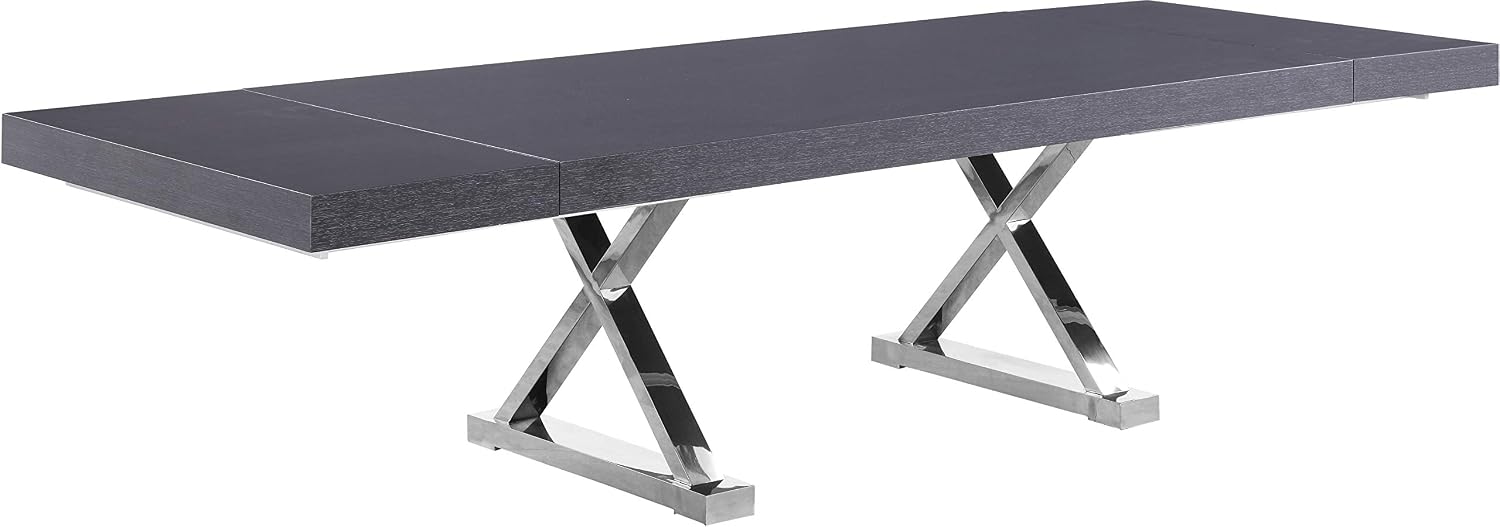 Meridian Furniture 998-T Excel Collection Extendable Dining Table, Grey Oak Lacquer Top, Chrome-Finish Stainless Steel Base, 84"/123.5" W x 43.25" D x 31" H