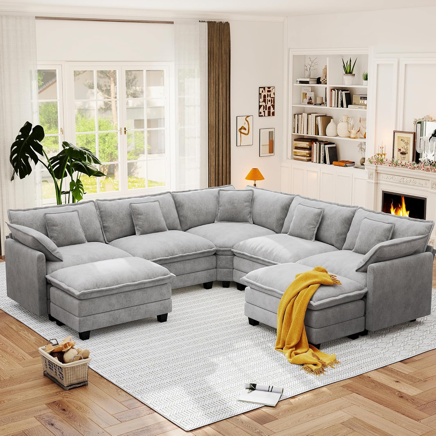 Modular Sectional Sofa with Movable Ottoman, Chenille Fabric and Throw Pillows