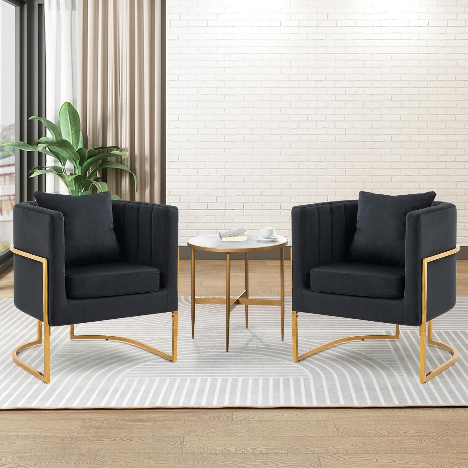 Velvet Modern Accent Chairs Set of 2 with Pillow, Black with Gold Legs