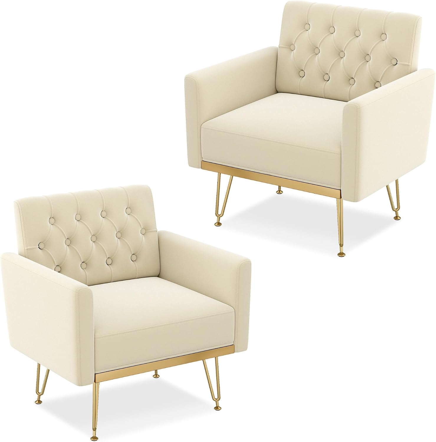 Beige Velvet Upholstered Accent Chairs with Tufted Backs and Gold Legs, 2-Pack