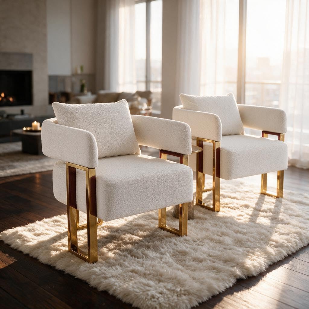 YISHENG Modern Barrel Accent Chairs Set of 2, White Teddy Upholstered Armchairs with Golden Metal Legs, No Wheels