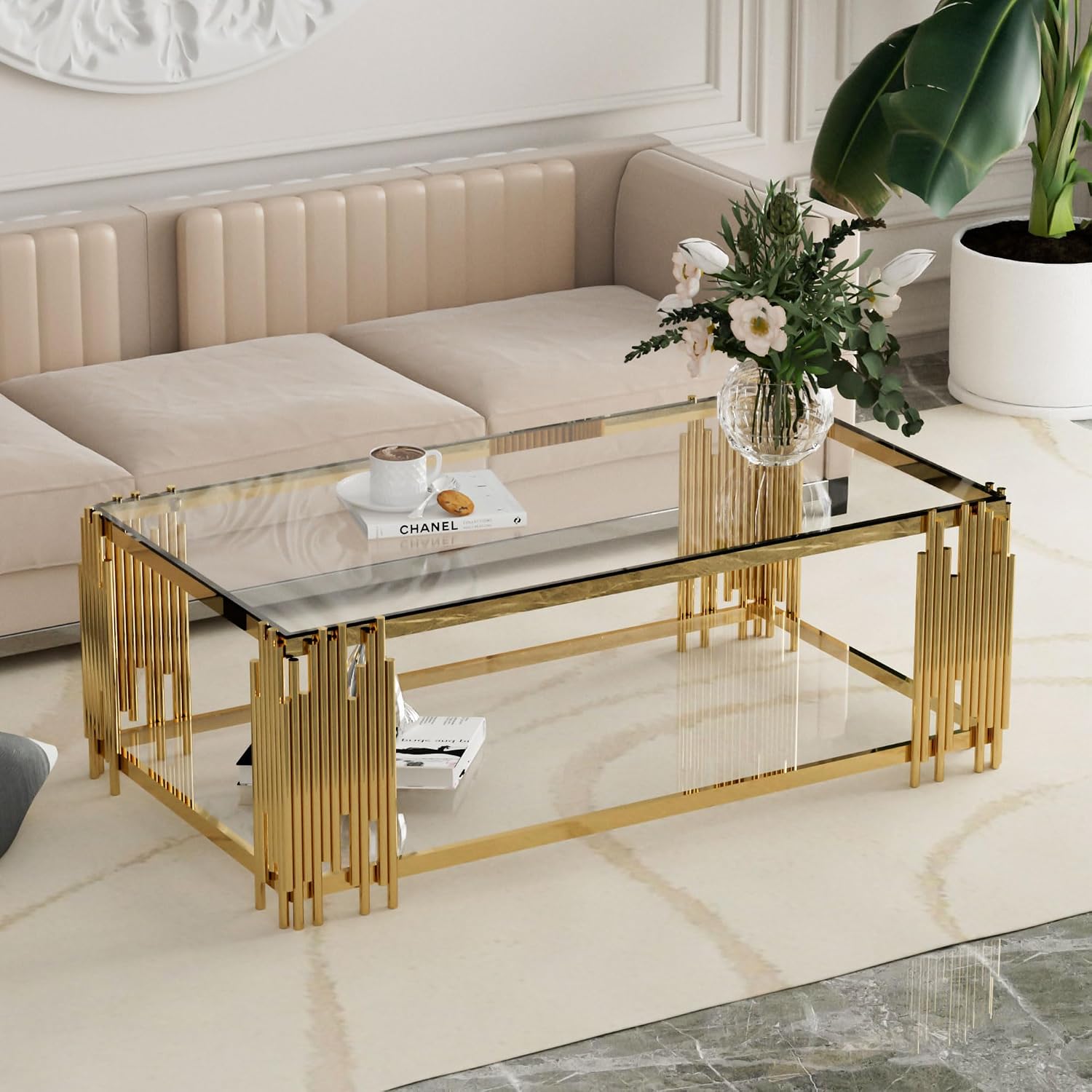 Glass Coffee Table with Gold Stainless Steel Leg, 51-inch Rectangular Tempered Glass Top