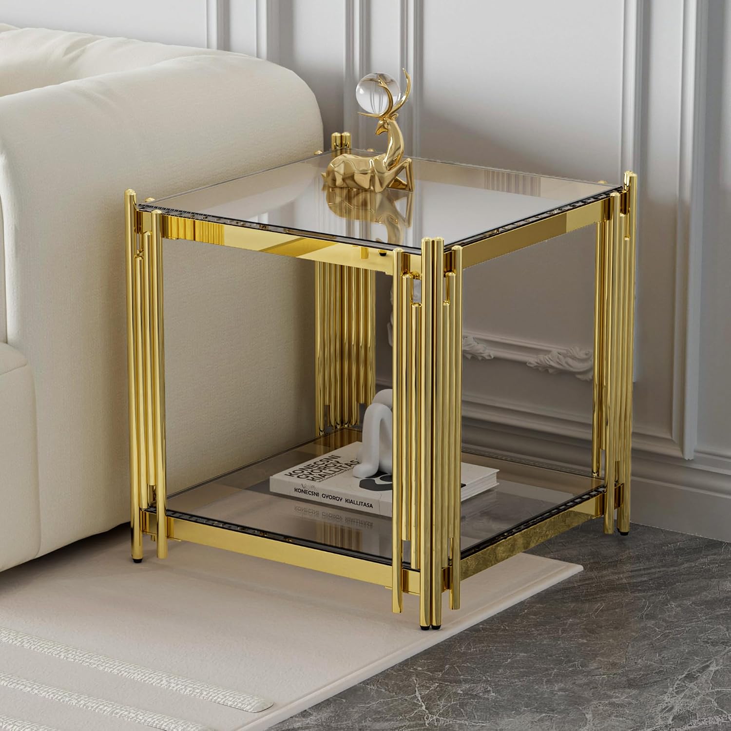 Luxury Gold Square Glass End Table, 19.7" Modern Side Table with Stainless Steel Irregular Leg and Clear Tempered Glass Tabletop