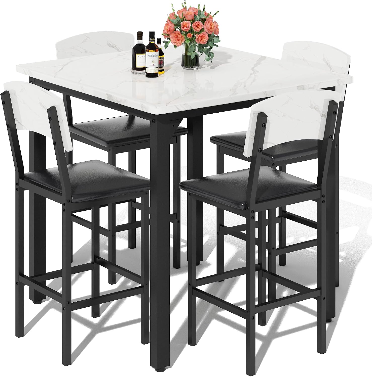 AWQM 5-Piece Dining Table Set for 4, White Counter-Height Table with 4 Upholstered Bar Stools