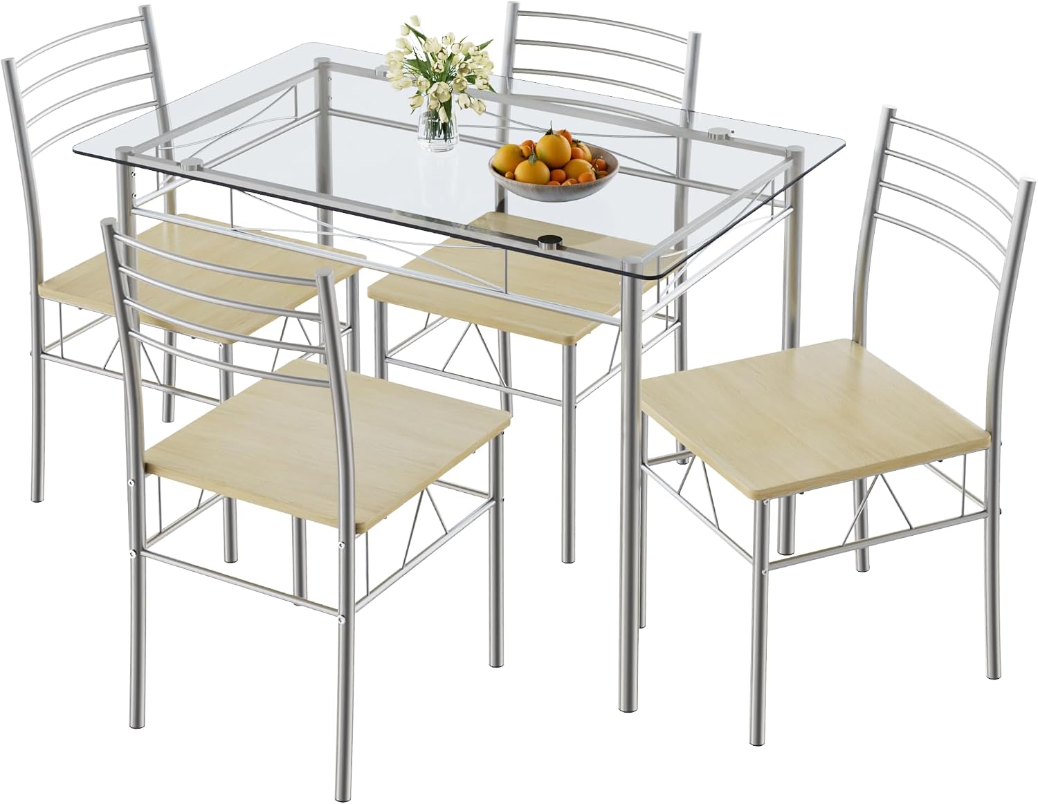 VECELO 5-Piece Dining Table Set for 4, Glass Kitchen Table with Chairs, Silver