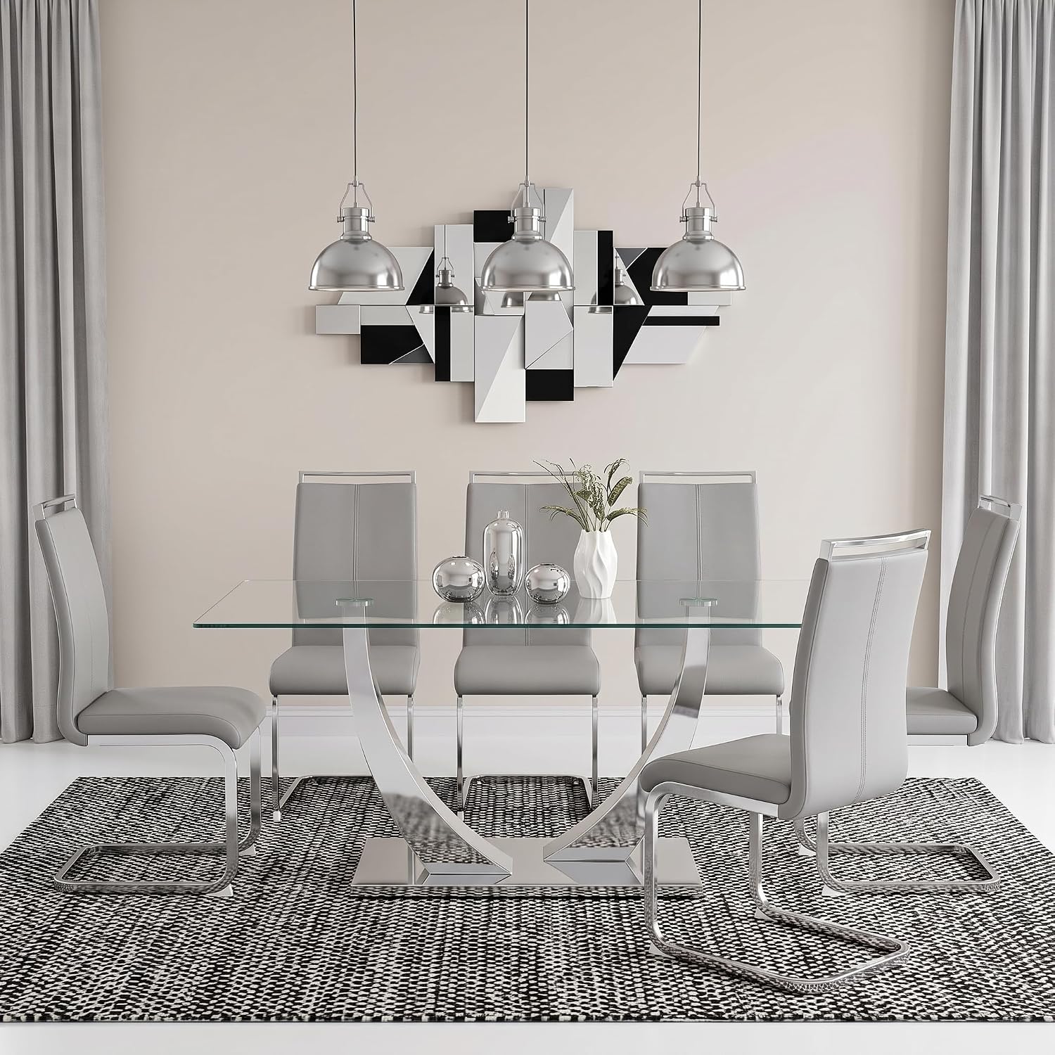 Glass Dining Table Set for 6, 63-inch Modern Dining Table Set