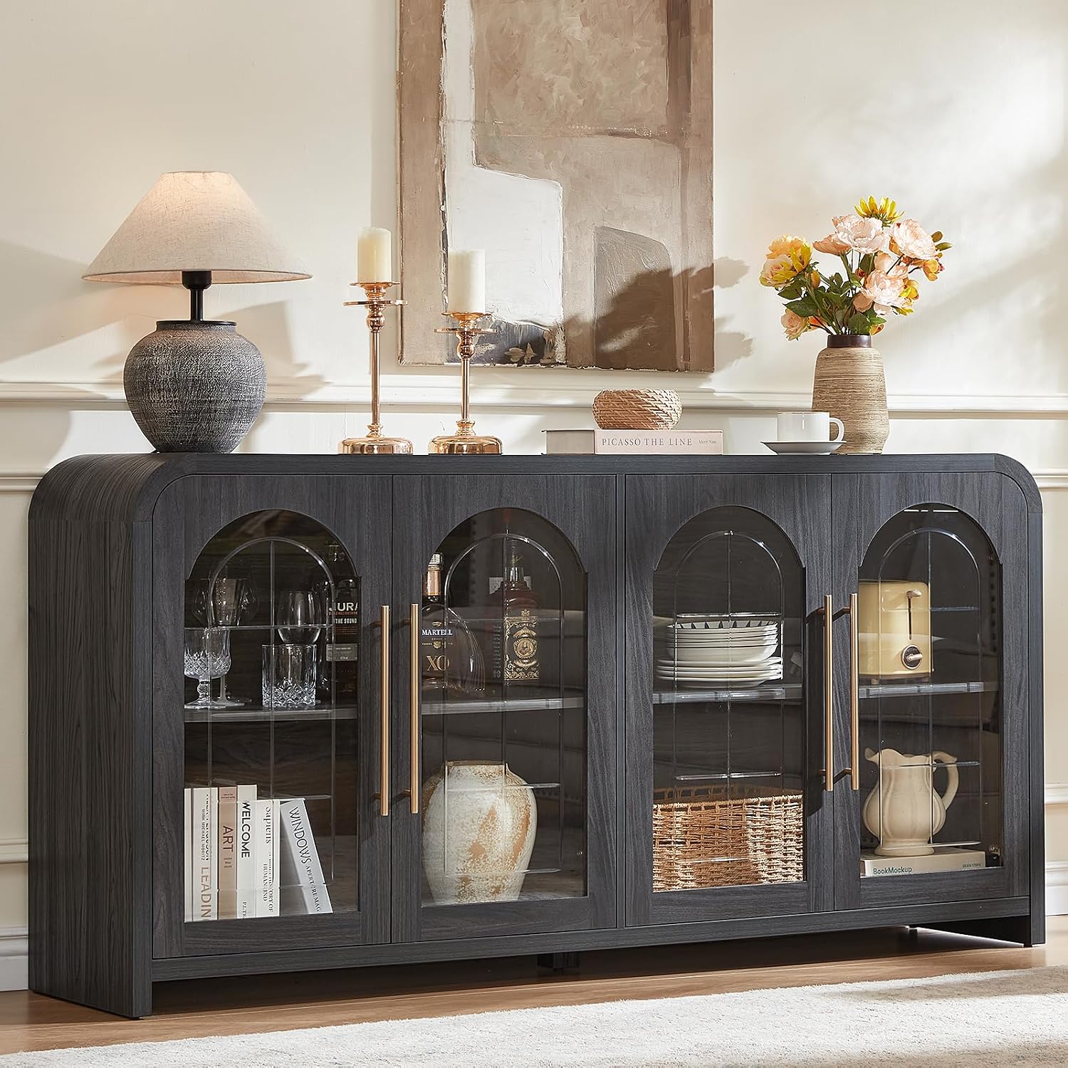 JINVICJIASI 65" Sideboard Buffet Cabinet with Arched Glass Doors, Dark Gray